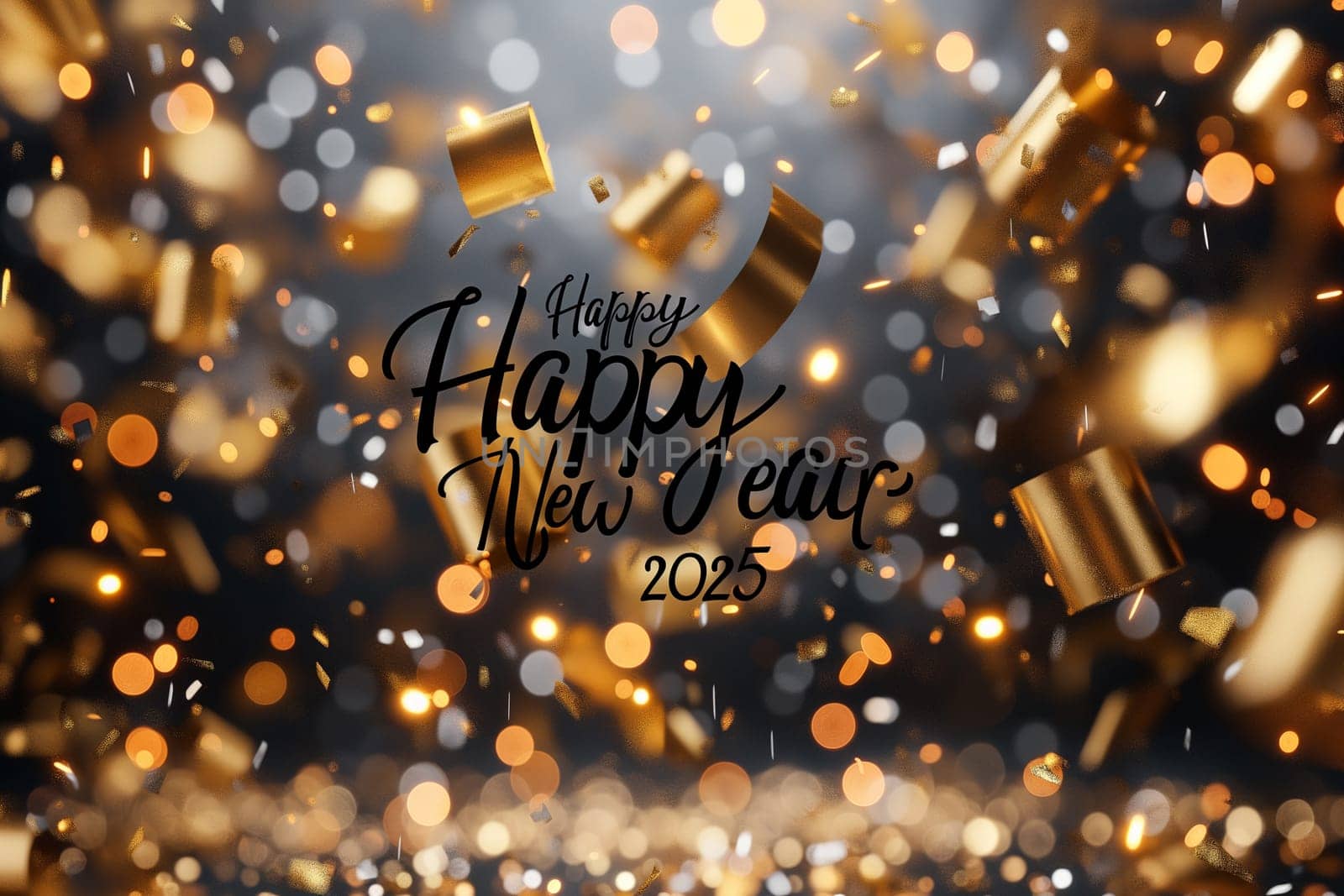 Festive atmosphere filled with golden ribbons and bright lights, welcoming in the joyous 2025 New Year.