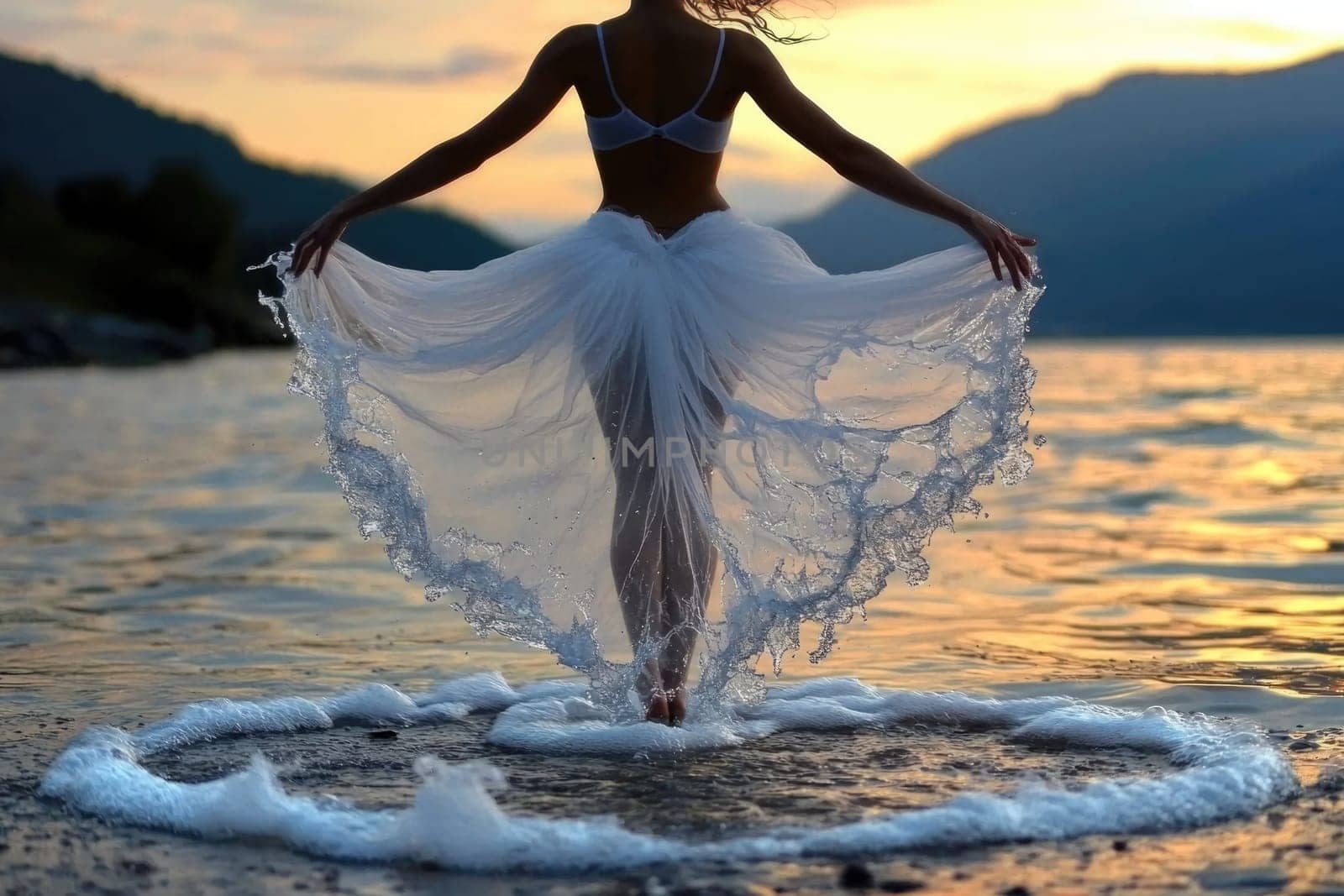 Ocean dancer: graceful ballerina, water dress flow, tranquil sea backdrop, poised elegance, flowing fabric, dance artistry, shoreline elegance, graceful form, rhythmic beauty, serene coastal scene
