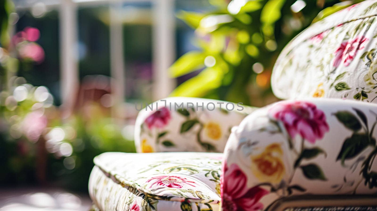 Colorful pillows on sofa against glass wall of window in a winter garden or conservatory. Interior textile concept. High quality photo