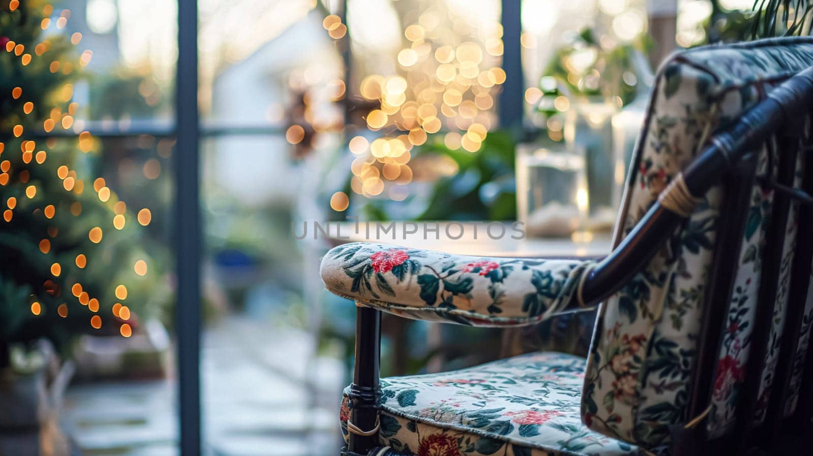Colorful pillows on sofa against glass wall of window in a winter garden or conservatory. Interior textile concept. High quality photo