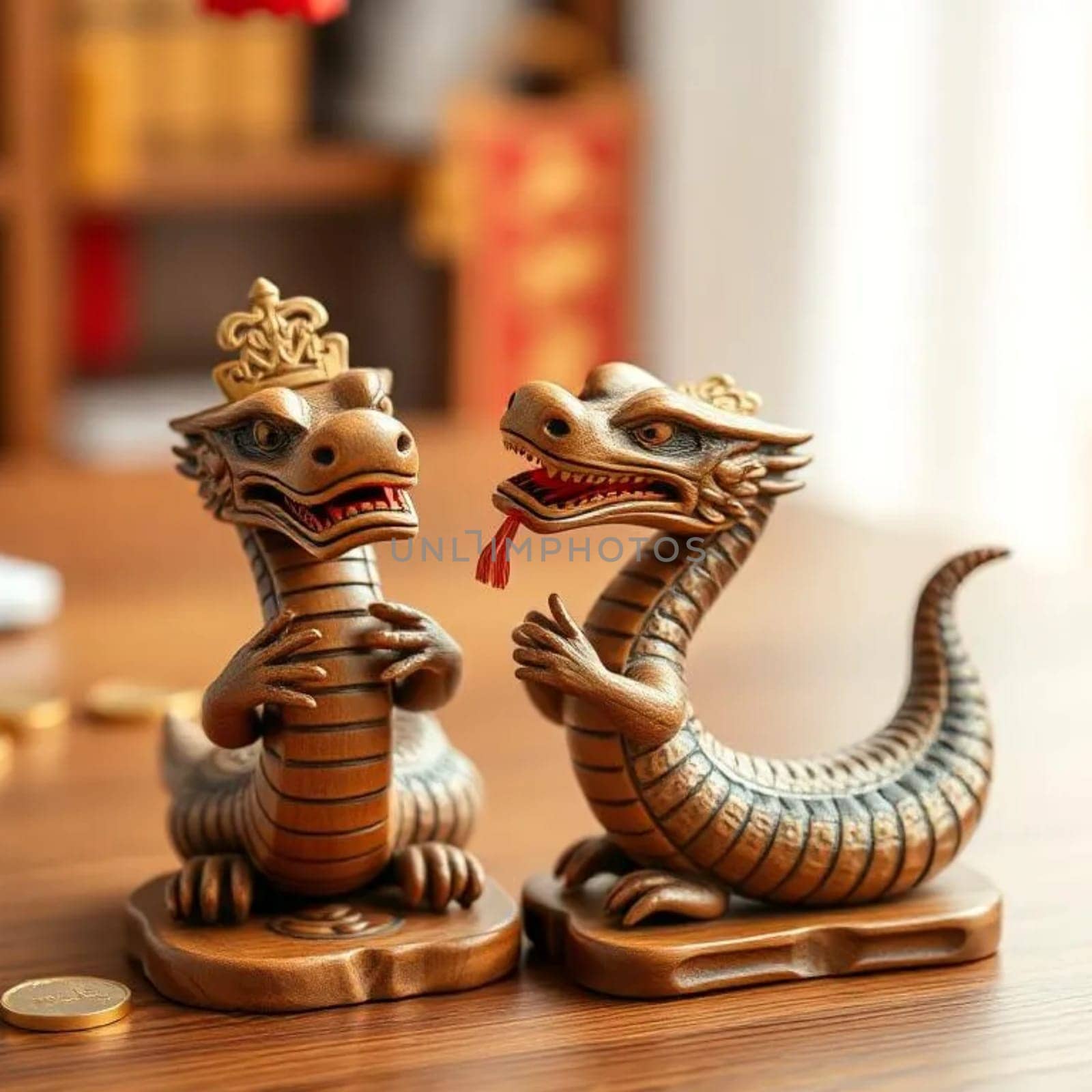 two wooden snakes horoscope chinese new year holiday money coins wallet wealth. High quality photo
