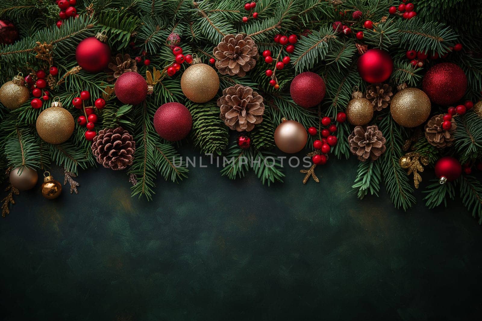 An array of rich greenery adorned with red and gold ornaments, pine cones, and berries creates a holiday ambiance.