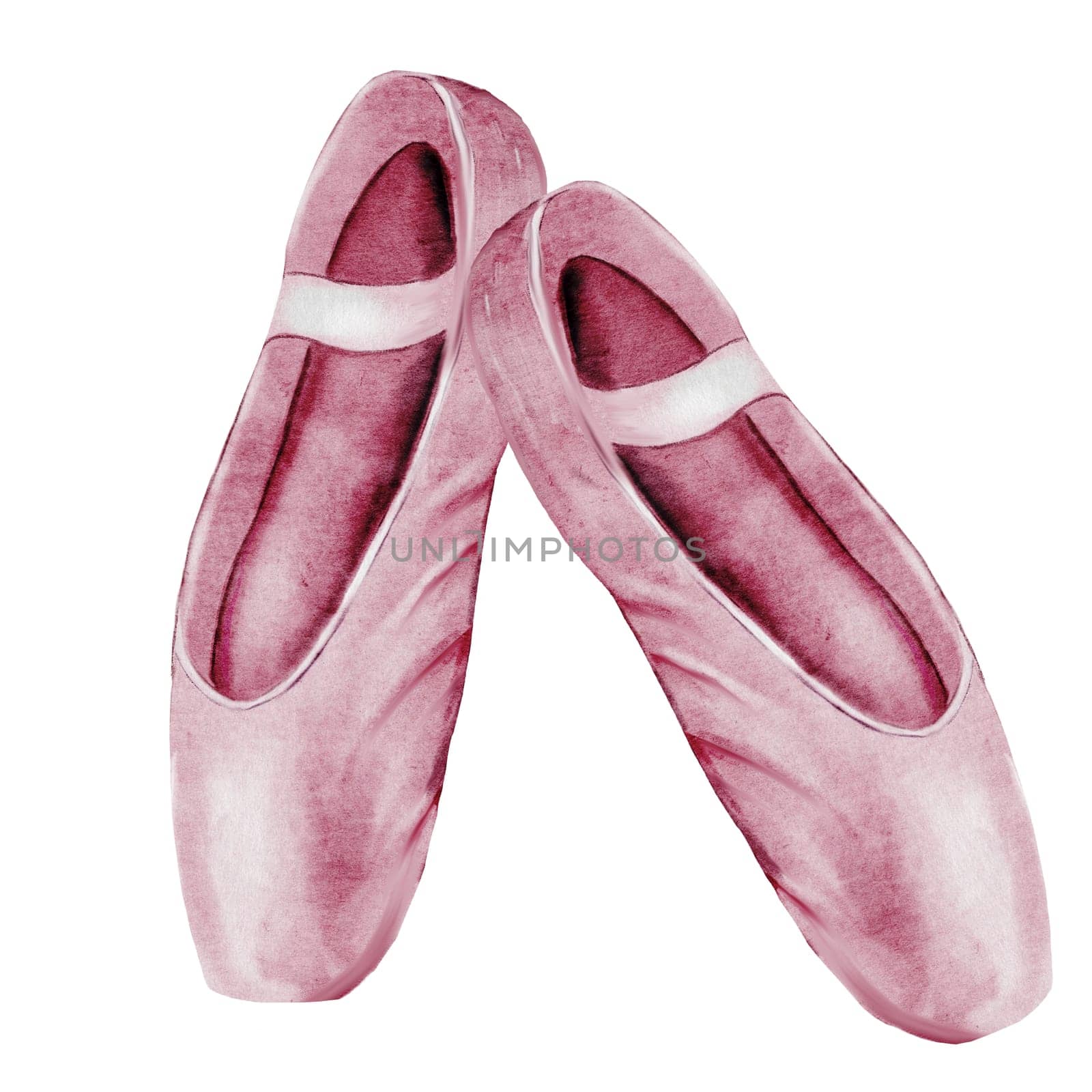 Ballet watercolor. Pointe shoes. Hand drawn pink ballerina accessories postcard on isolated white background. Clip art of elegant satin ballet shoes with space for name inscription. Ideal card for ballet and dance and posters. High quality illustration