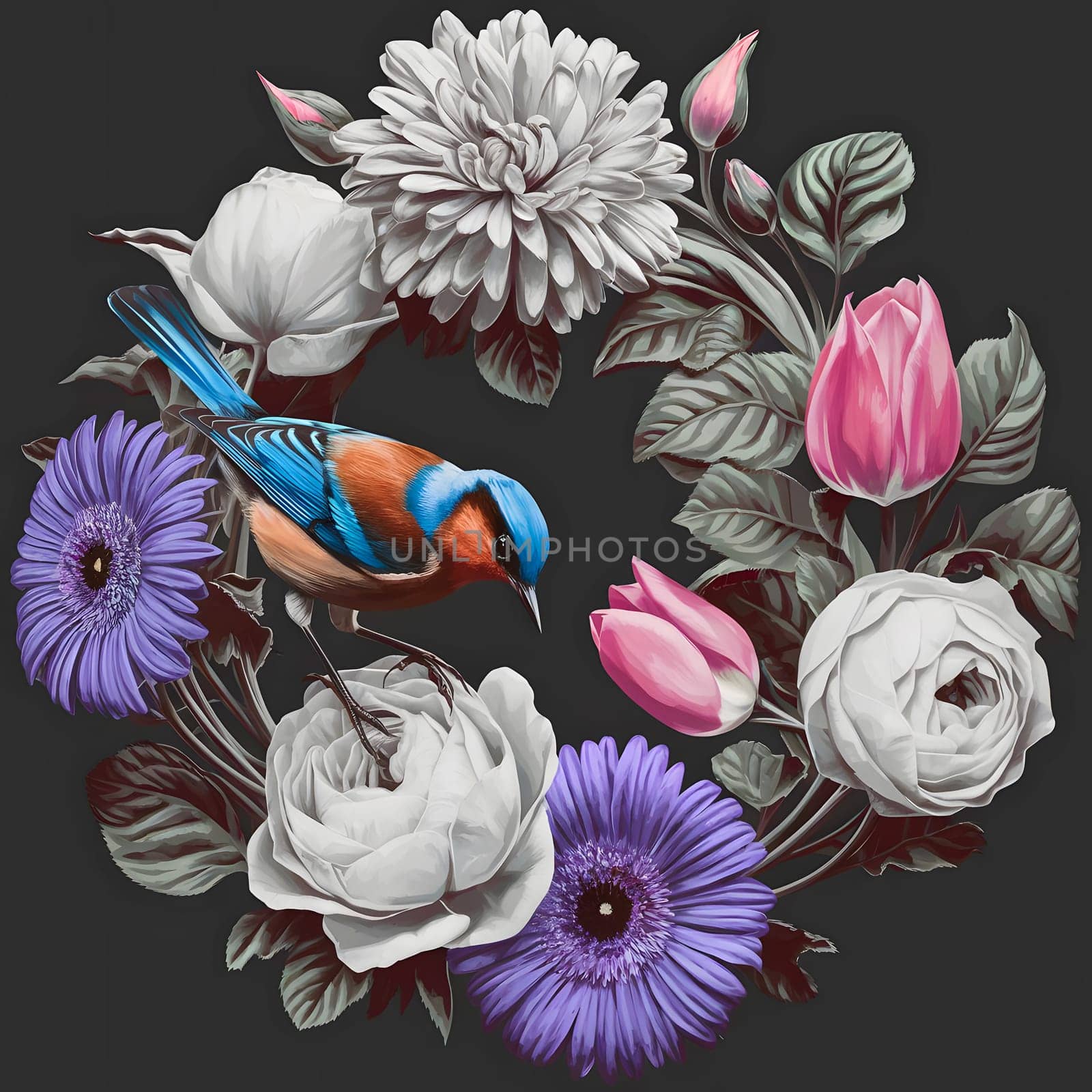 Digital illustration of a colorful bird, surrounded by a floral wreath on a dark background. Ideal for wall art, greeting cards, packaging, textile prints, or nature-themed design projects.