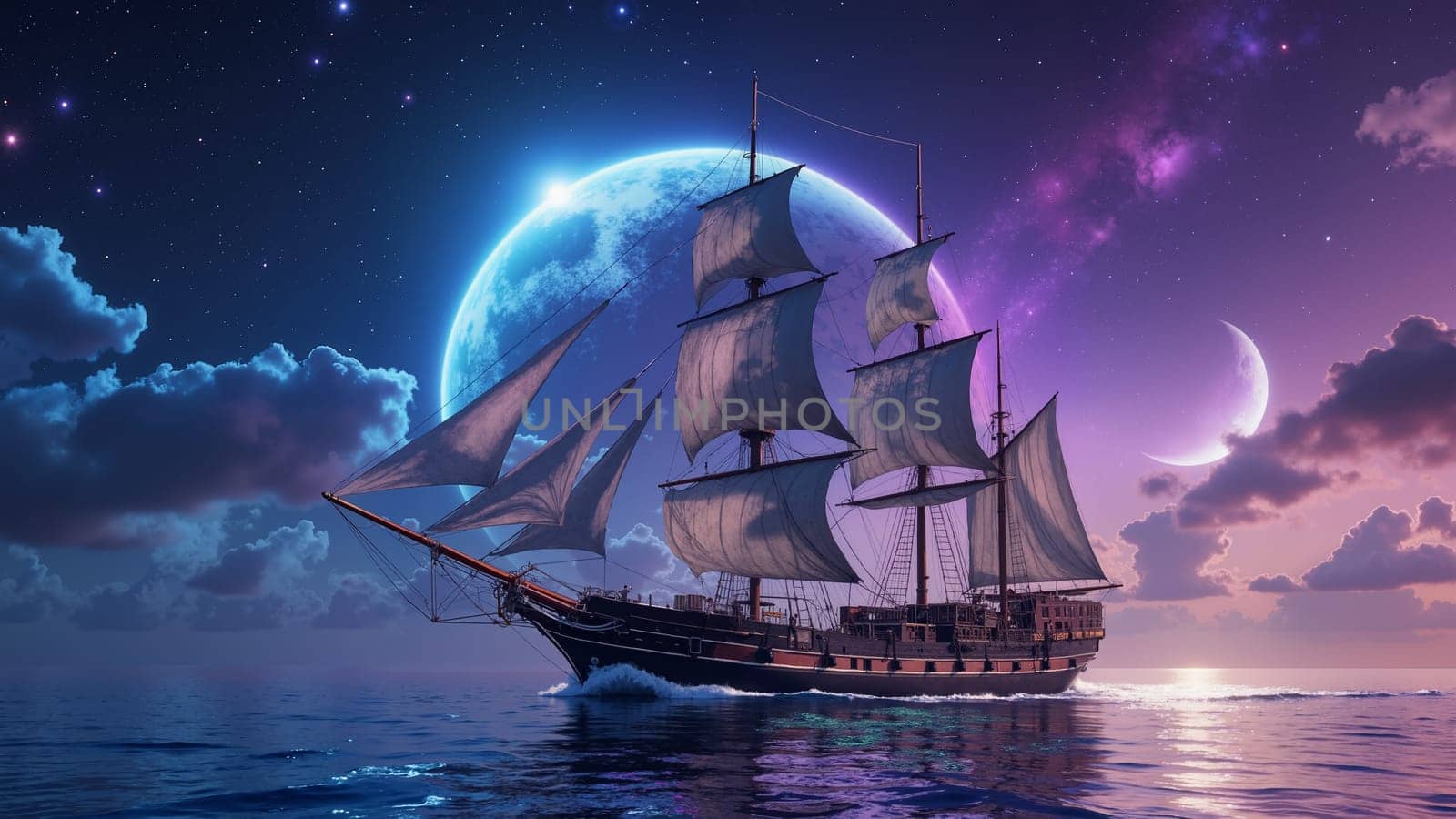 A large ship sails through the night sky above a blue moon. The scene is serene and peaceful, with the ship and moon creating a sense of adventure and wonder
