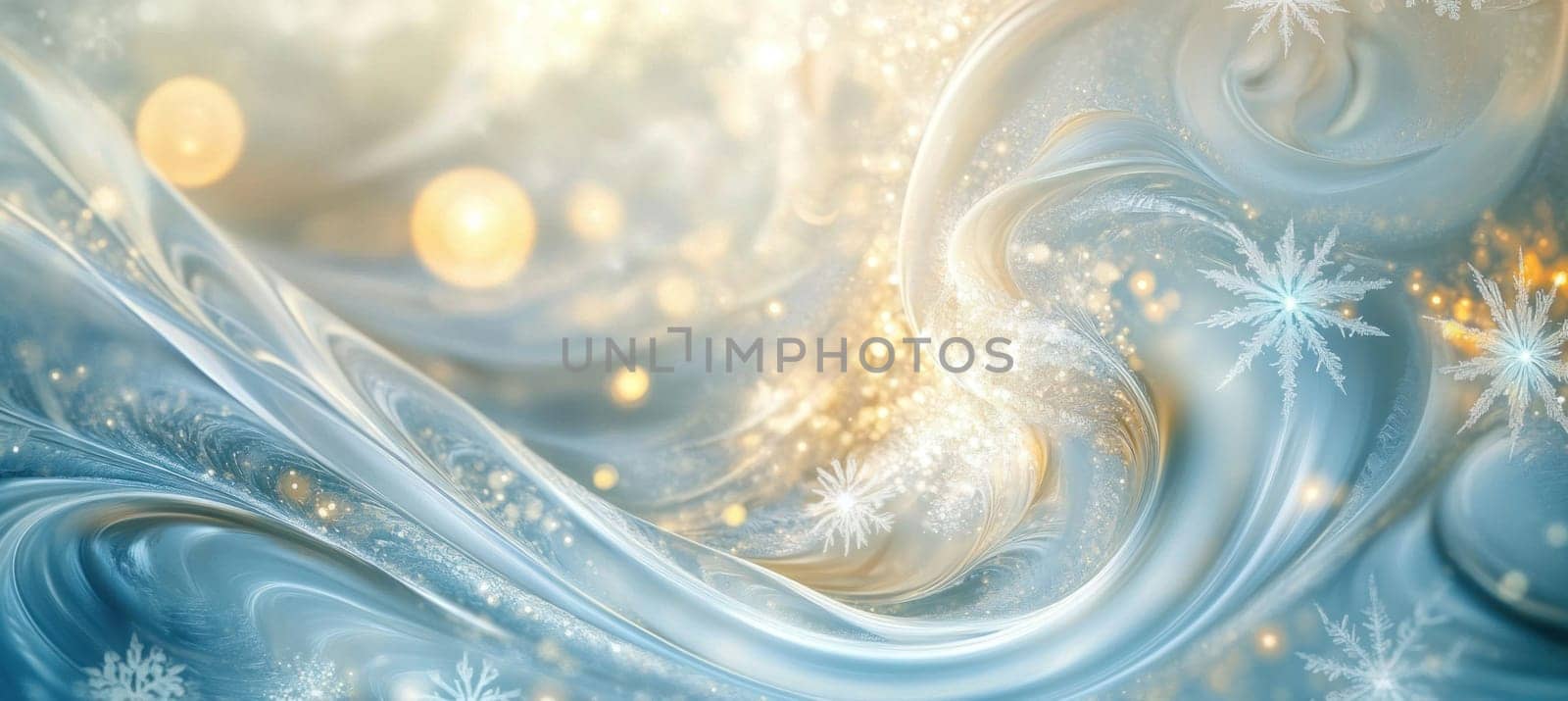 Festive christmas background featuring swirling golden lights, snowflakes, and a soft blue and white atmosphere, perfect for holiday projects