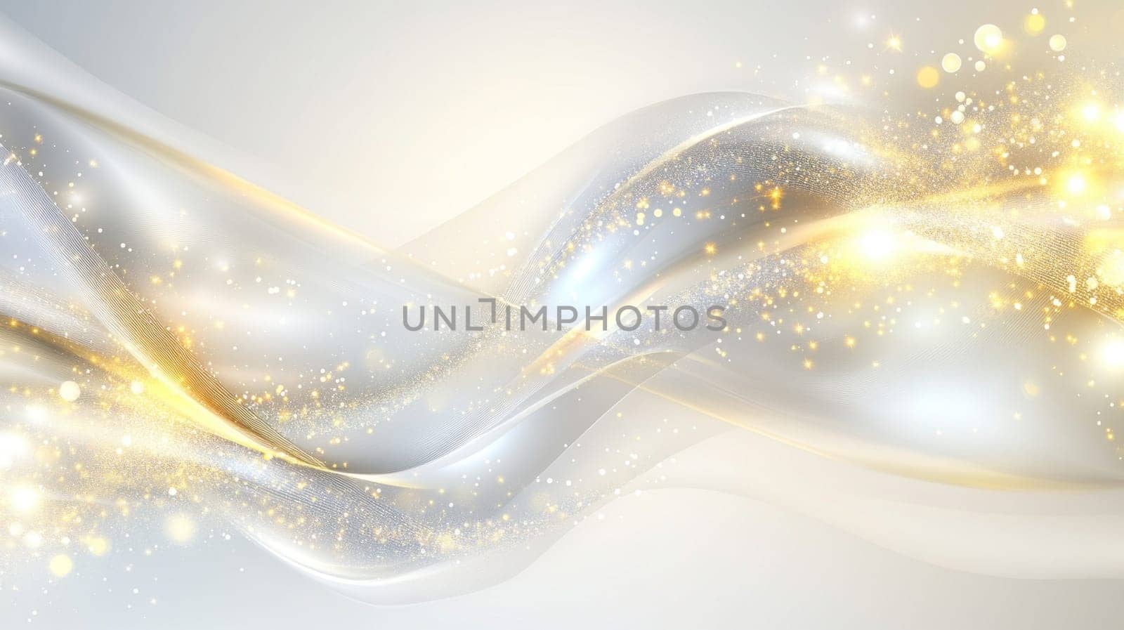 Abstract background with silver waves and golden particles flowing over a white background