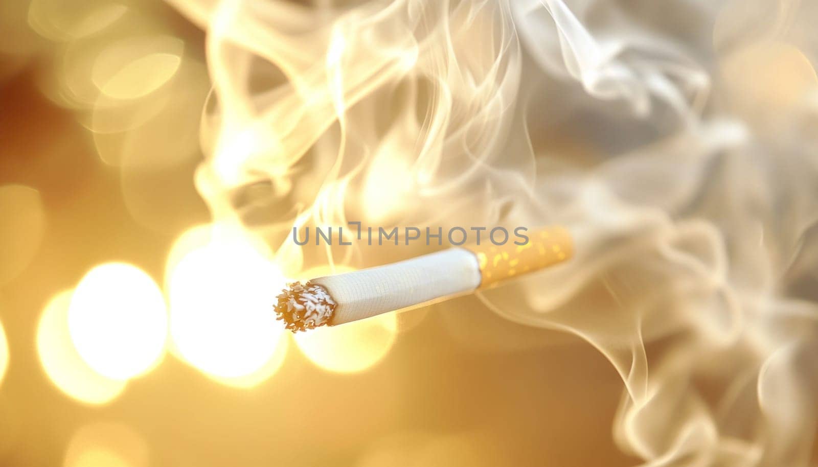 Lit cigarette is emitting smoke against a blurred golden background