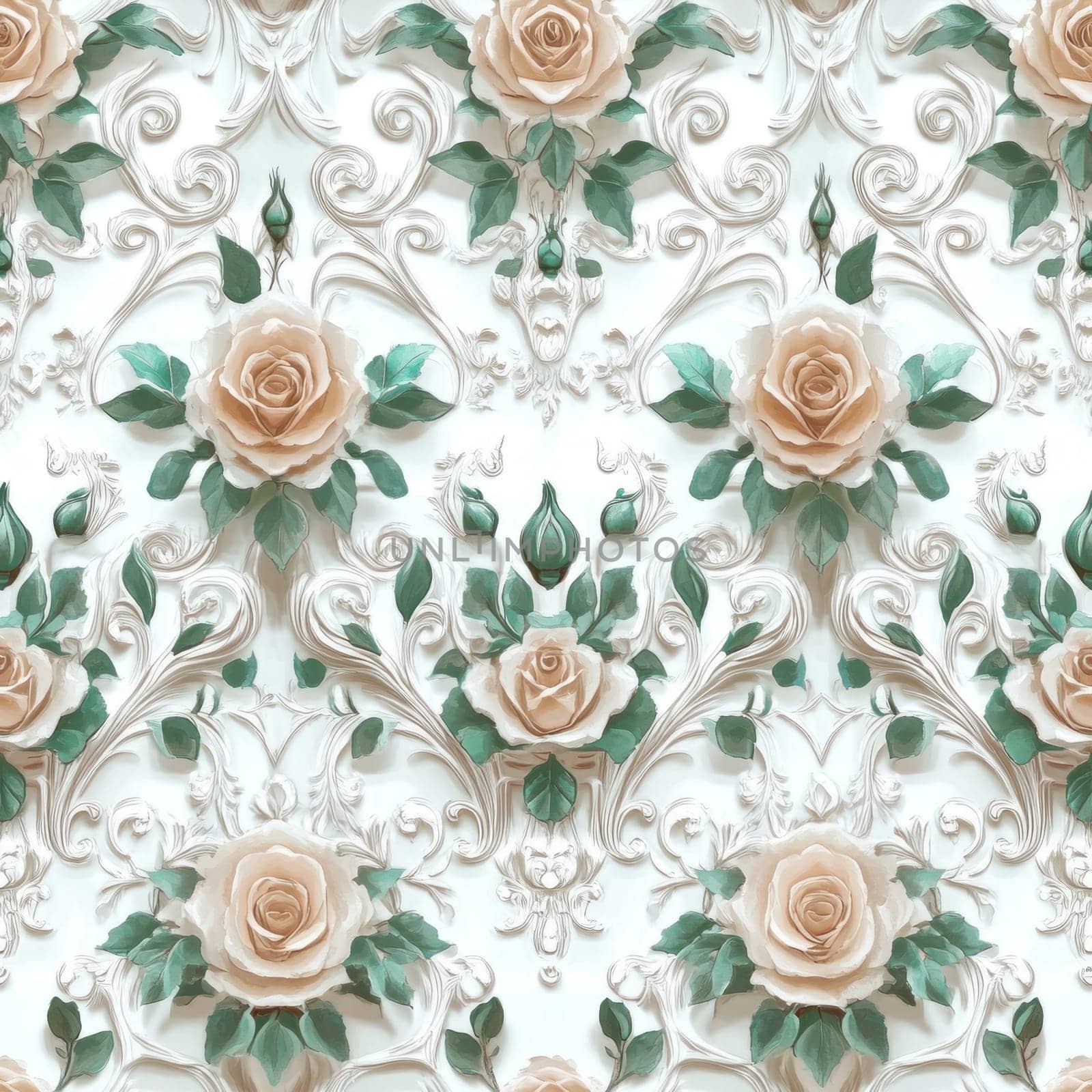 Seamless floral pattern featuring sculpted white roses and leaves on an ornate embossed background, creating a classic and luxurious design