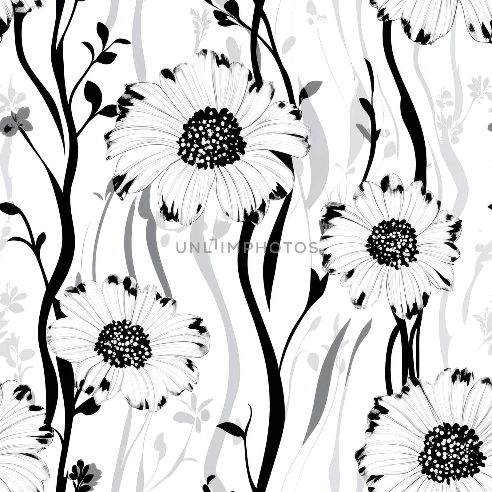 Seamless floral pattern with elegant daisies and winding vines, creating a stylish and sophisticated design