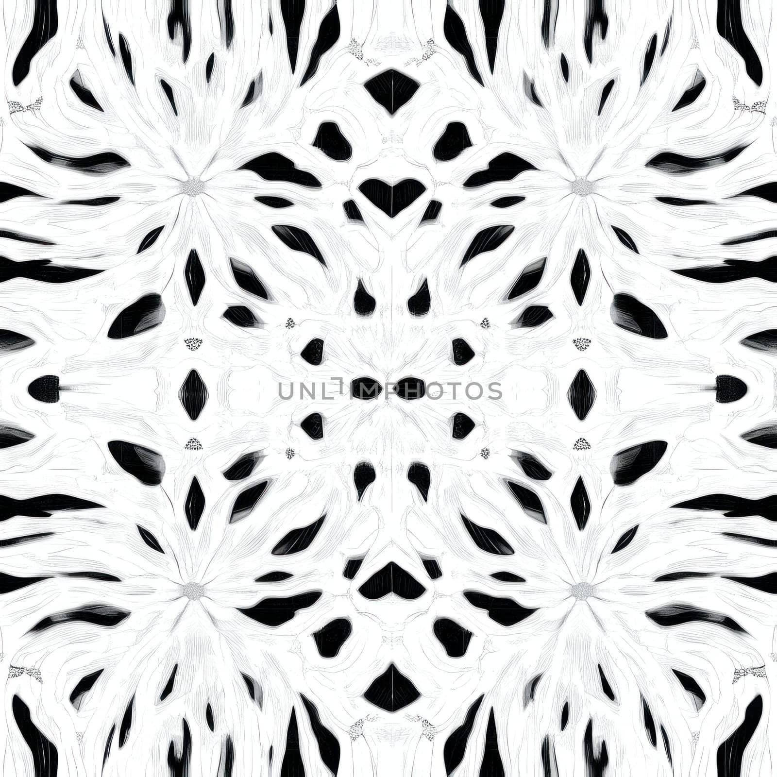 Intricate black and white floral pattern forming a captivating kaleidoscope design, ideal for backgrounds, textiles, and decorative projects