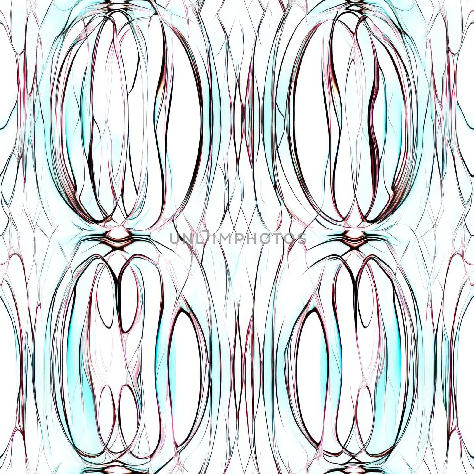 Intricate turquoise and red lines swirling together on a white background, forming a seamless abstract pattern, ideal for modern and decorative designs