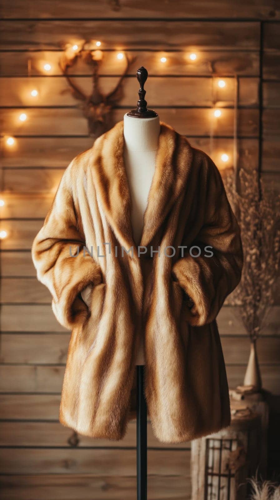 Luxurious fur coat showcased on a mannequin against a wooden backdrop, illuminated by warm string lights, creating a cozy and stylish atmosphere
