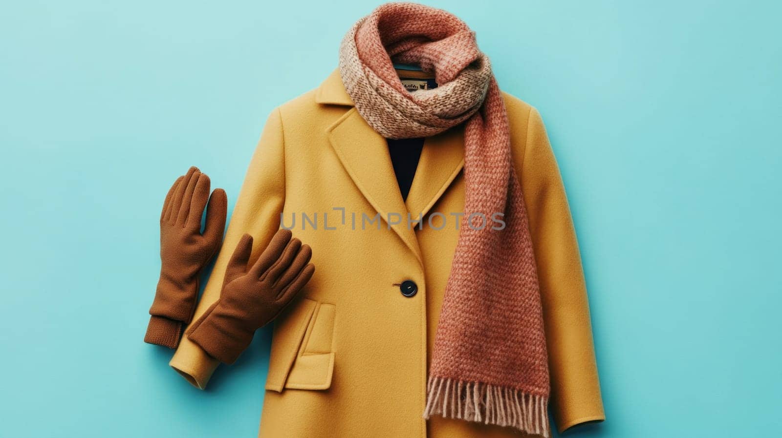 Warm winter clothing essentials arranged on a vibrant teal backdrop, creating a cozy and fashionable scene