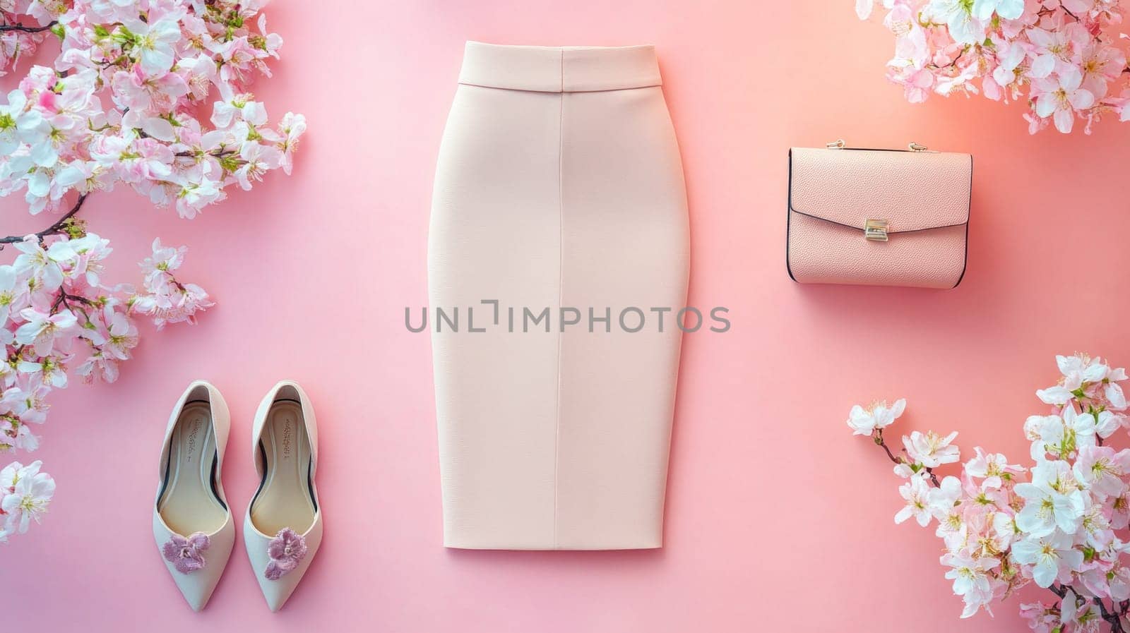 Stylish flat lay composition featuring women's fashion items and cherry blossoms, creating a spring inspired aesthetic
