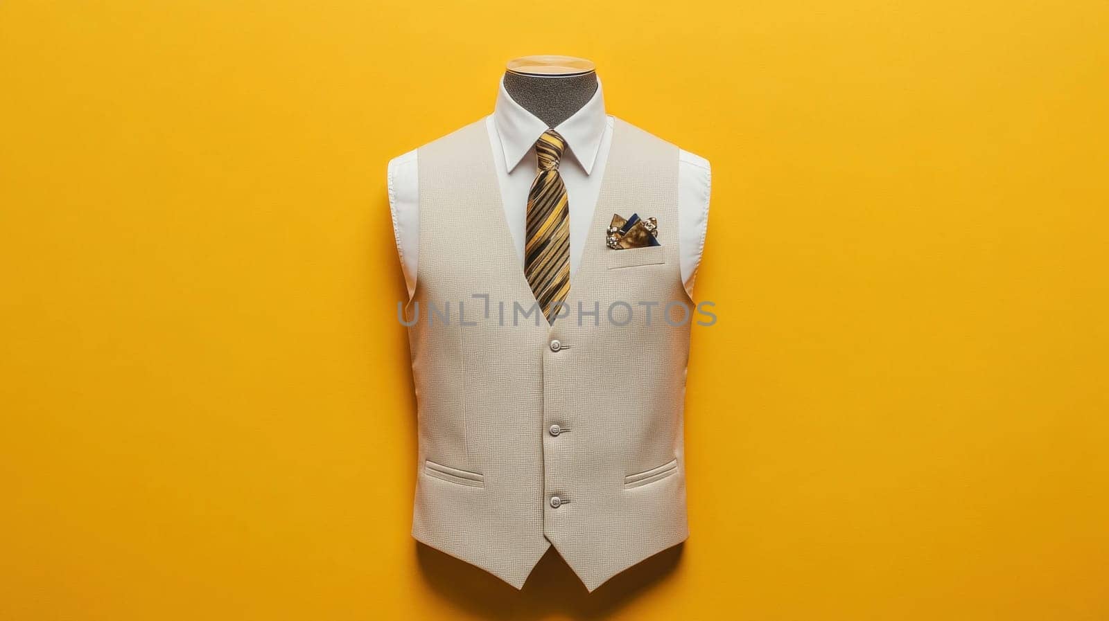 Classic menswear attire showcasing a beige waistcoat, white shirt, and yellow striped tie, displayed on a mannequin against a vibrant yellow background