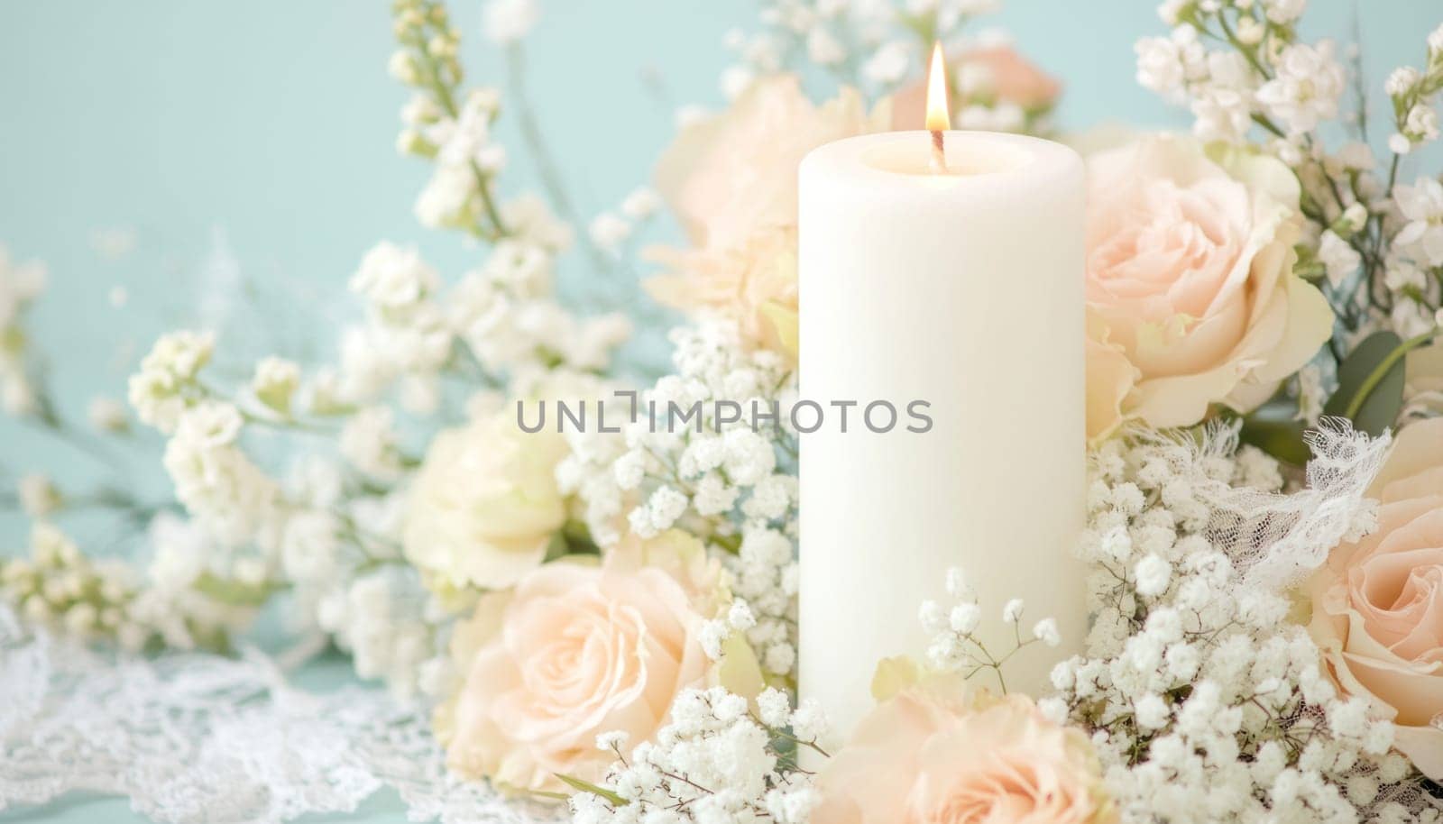 Single white candle burns serenely amidst a delicate arrangement of peach roses, baby's breath, and white lace, creating a soft and romantic atmosphere