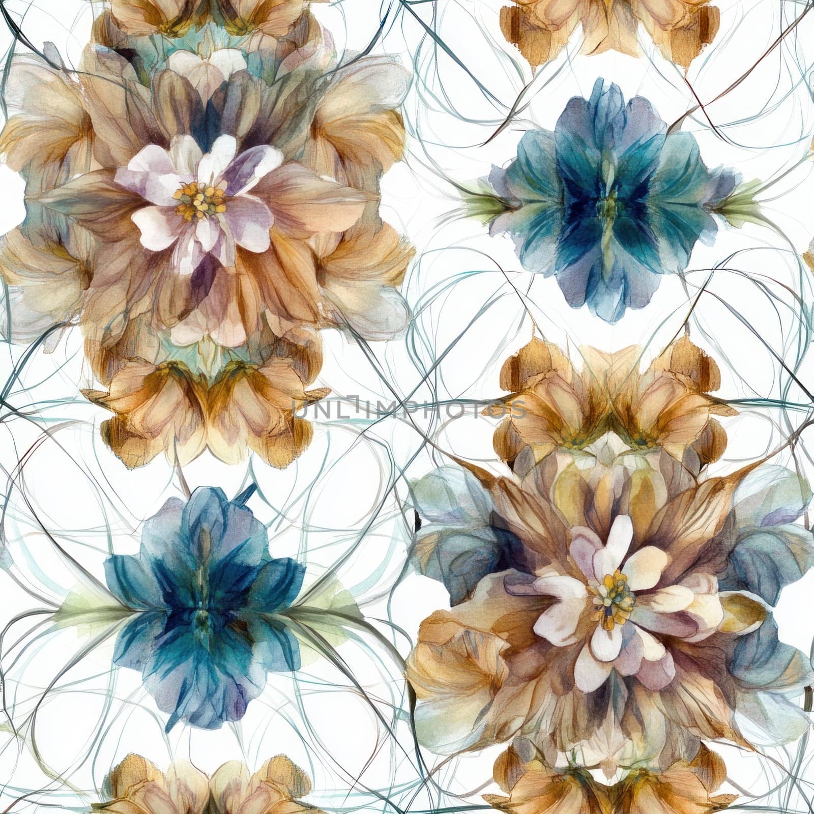Seamless watercolor floral pattern creating a beautiful kaleidoscope design with soft, elegant colors, perfect for textile, packaging, and wallpaper