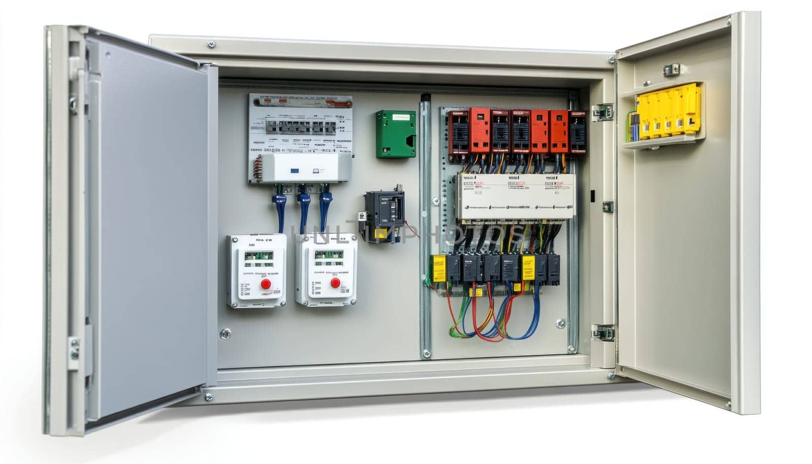 Open electrical panel displaying various components including circuit breakers, wiring, timers, and meters, suggesting electrical maintenance or installation