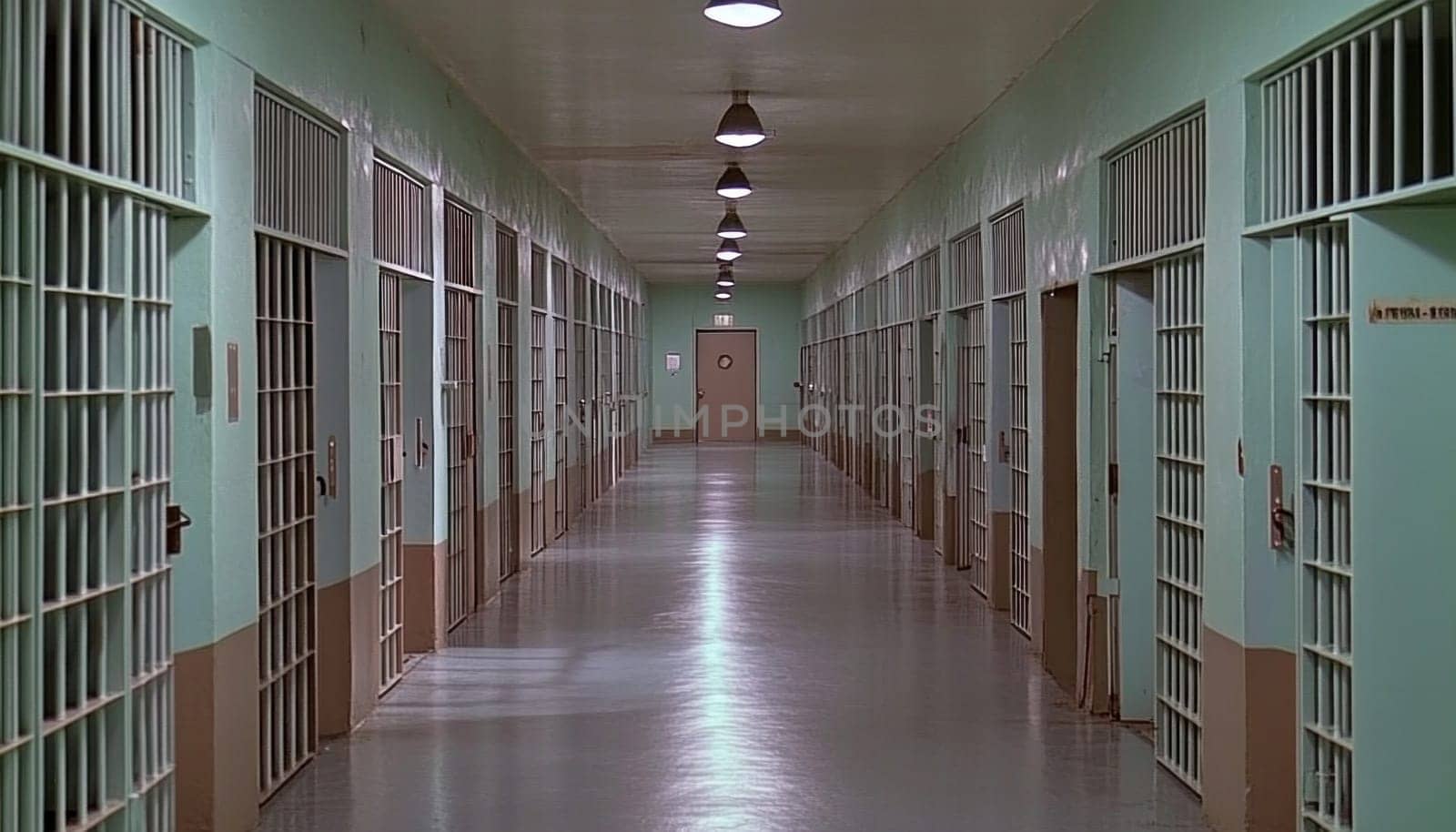 Long corridor inside prison showing jail cells and exit door