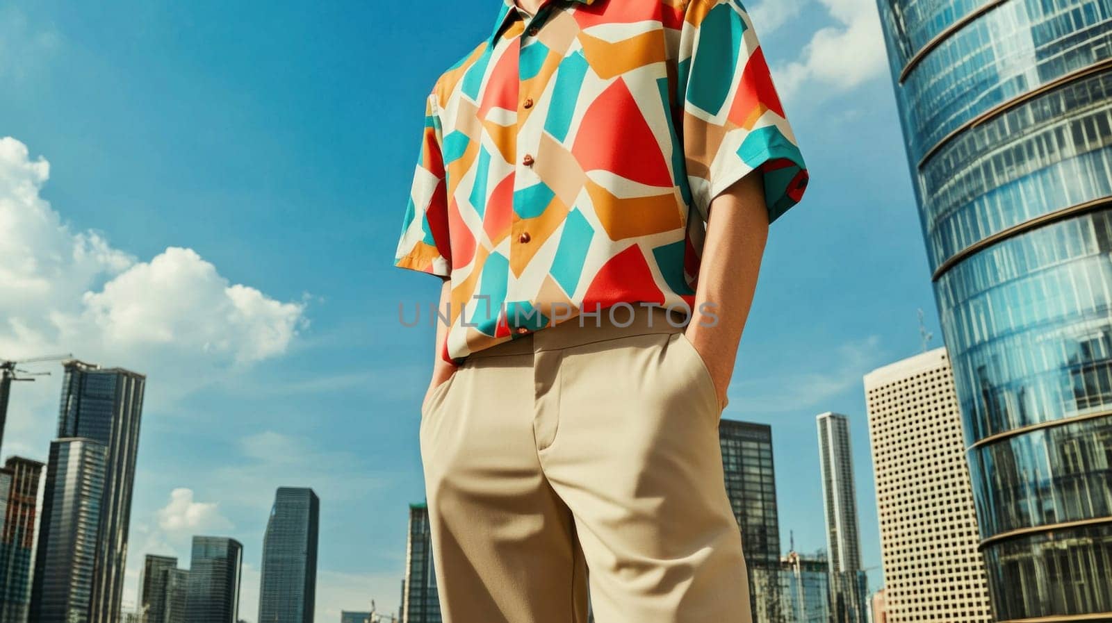 Fashionable man showcasing summer style with colorful shirt and beige pants against a backdrop of modern skyscrapers