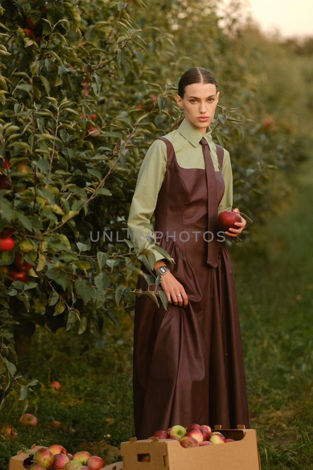 Portrait of a beautiful girl, stylishly dressed, with apples in the garden. A girl stands near the collected red apples in the garden.