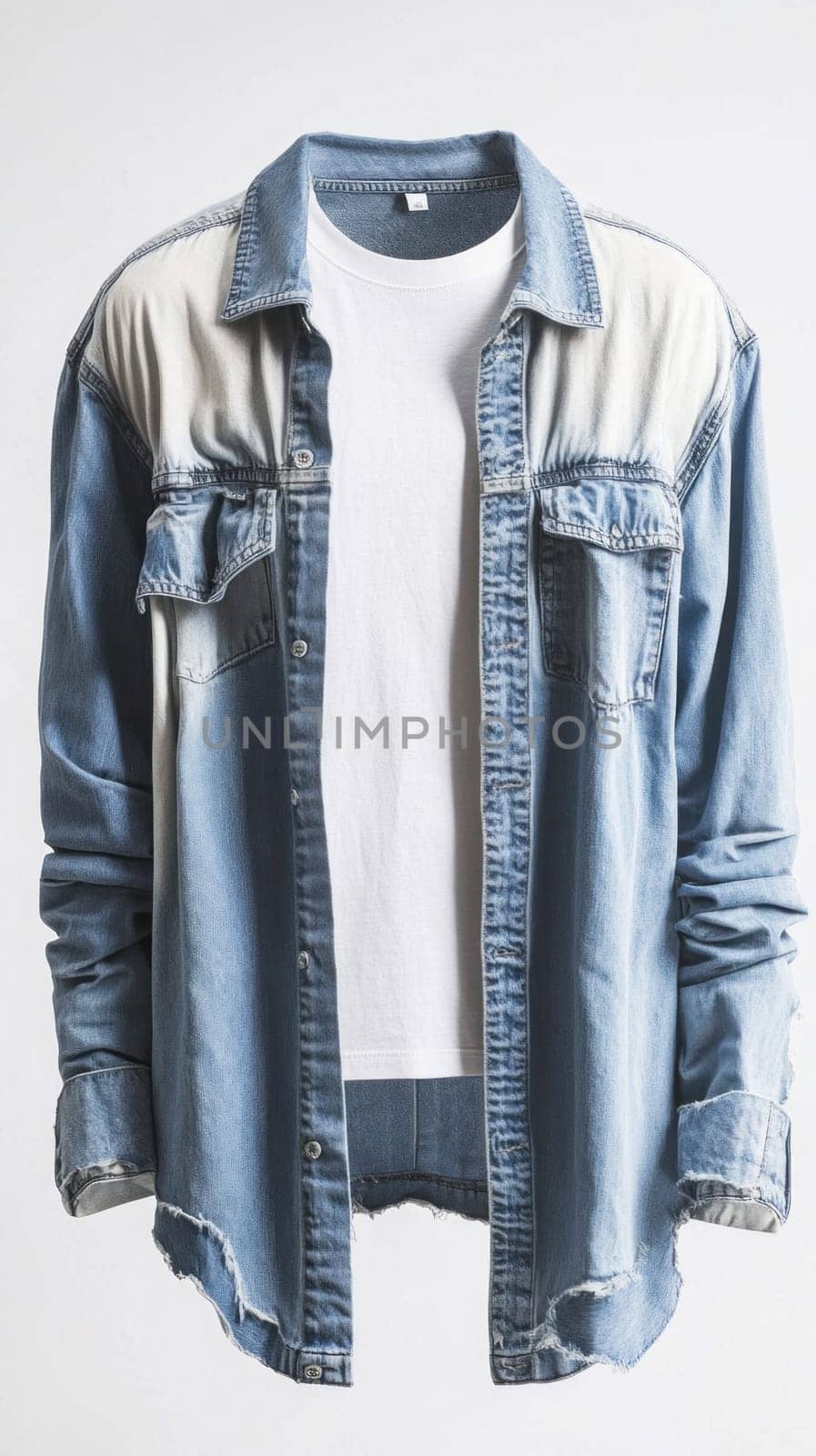 Studio shot of a light blue denim shirt with frayed edges, worn open over a white t shirt, creating a casual and stylish look