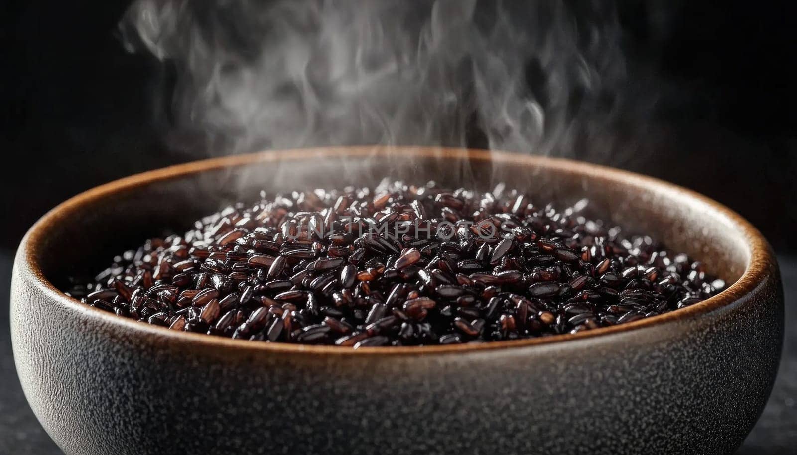 Steaming black rice is served in a bowl, representing a healthy and delicious meal