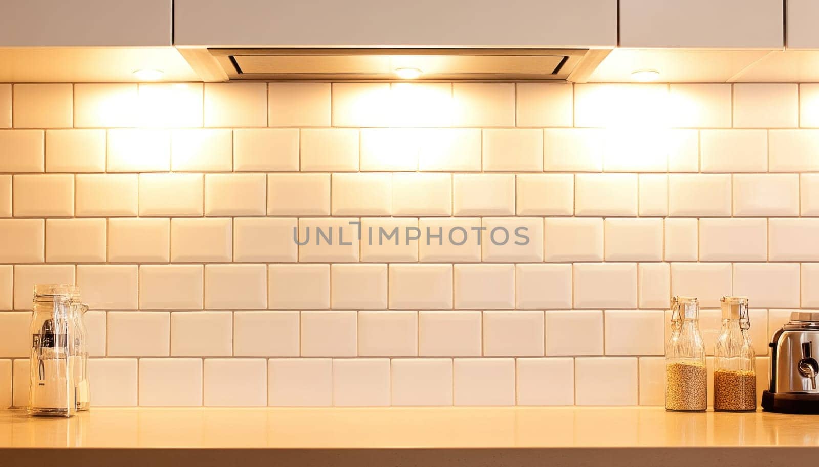 Spotlights illuminating white subway tiles in a modern kitchen create a clean, bright, and welcoming atmosphere