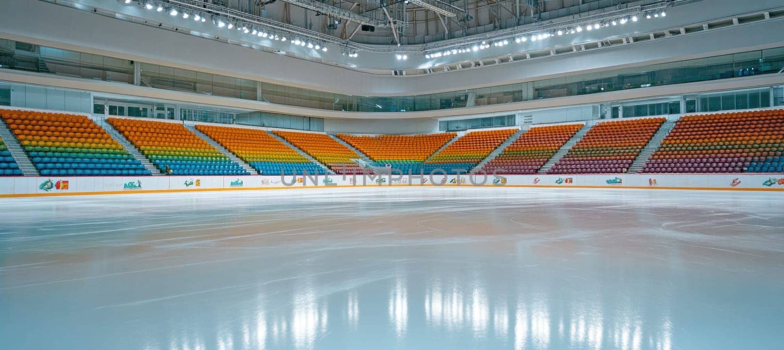 Wide shot of an empty ice rink with colorful grandstands, ready for a sporting event or public skating session