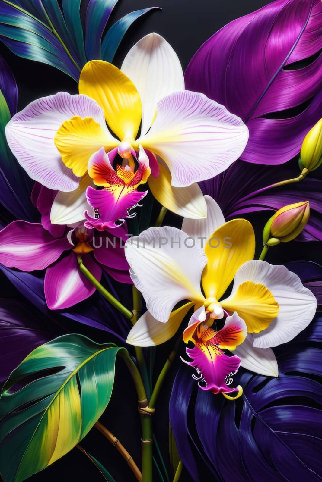 Exotic yellow and purple orchids with delicate petals and rich green foliage, set against deep starry backdrop, offering blend of elegance and beauty for floral art enthusiasts