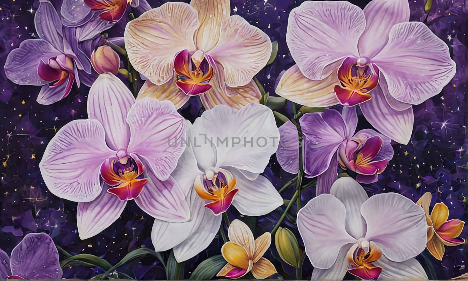Captivating image of yellow and purple orchids with lush green leaves, set against rich starry background, perfect for adding elegance and natures beauty to creative projects