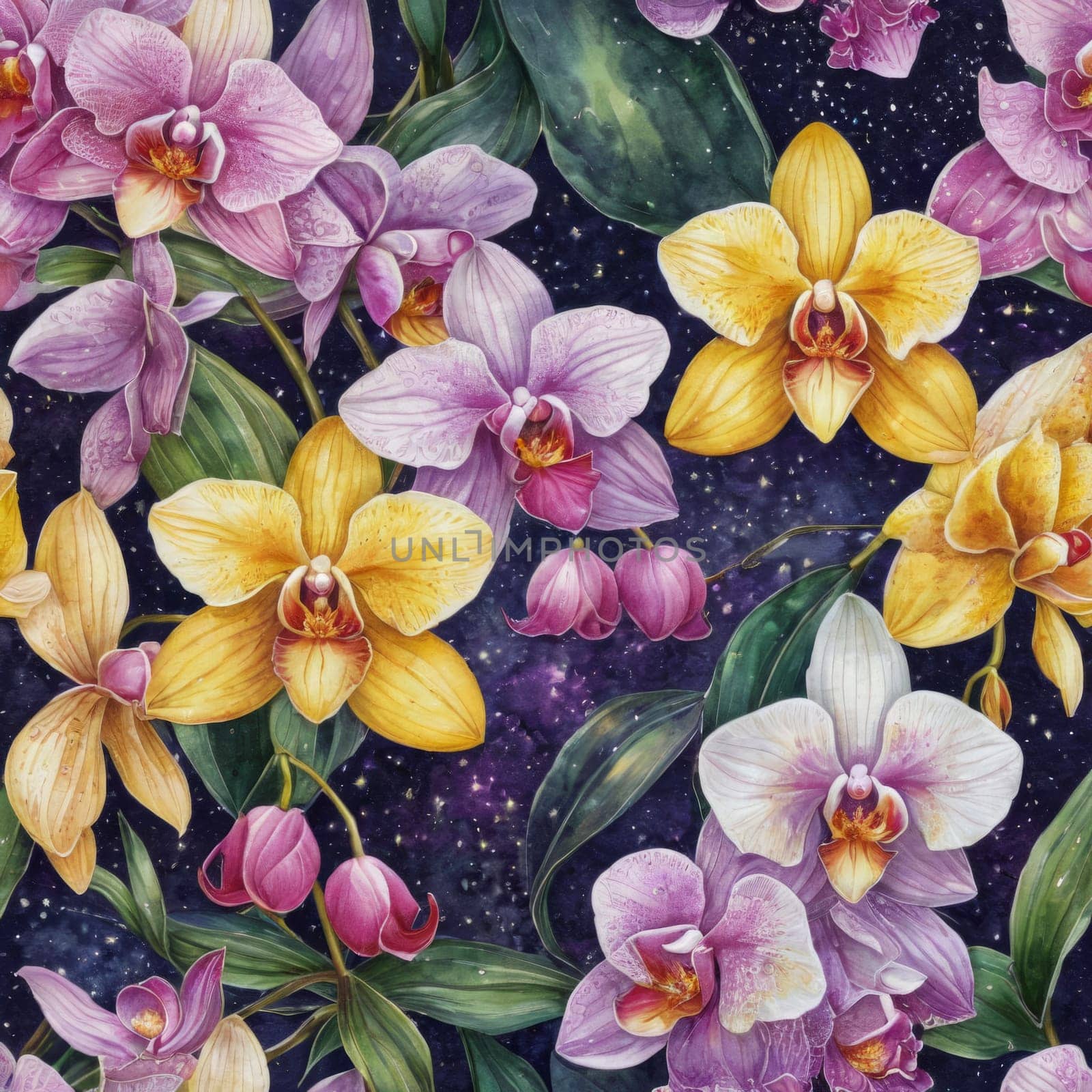Gorgeous yellow and purple orchids with intricate petals and vibrant green leaves, on dark starry background, offering stunning visual appeal for nature-inspired designs