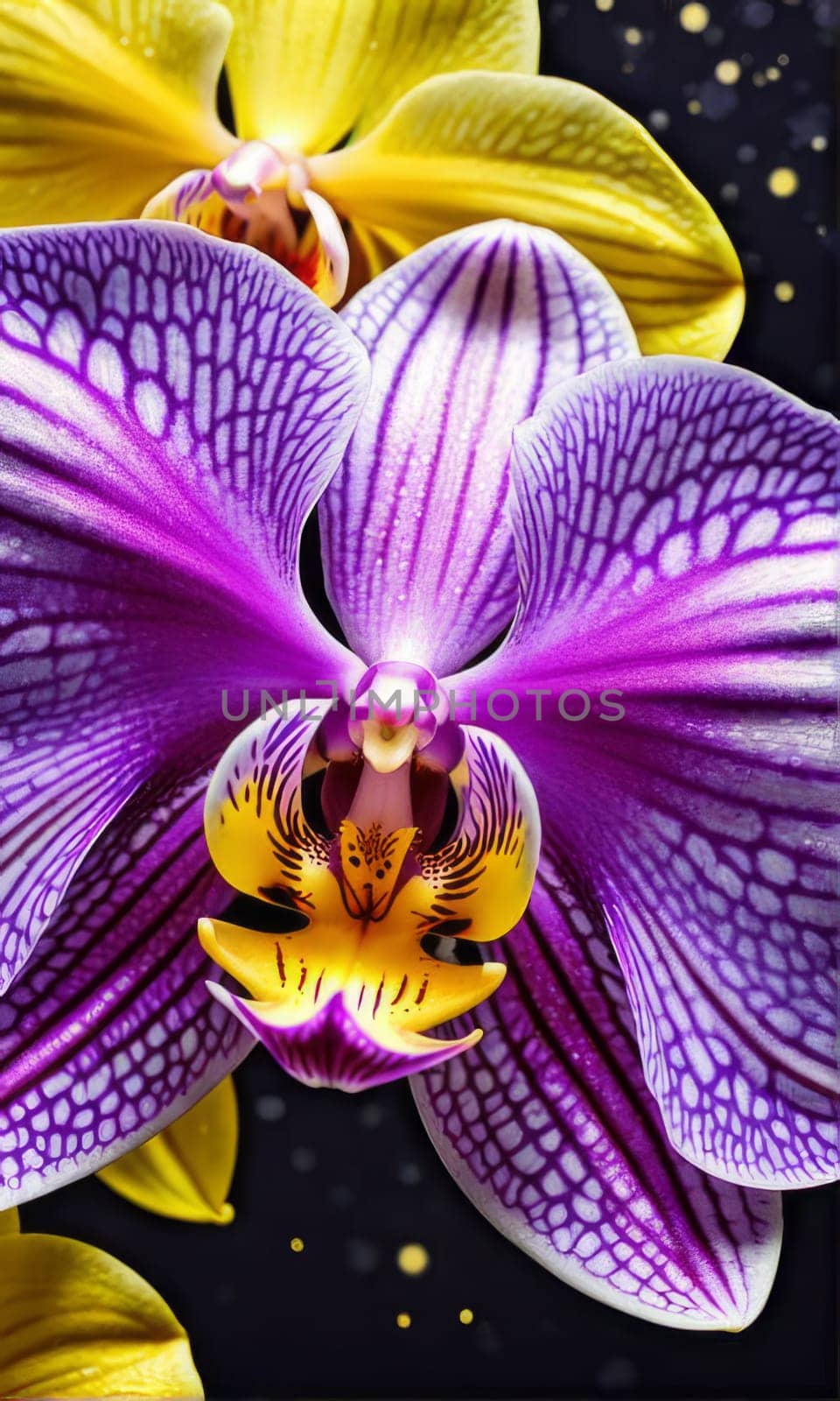 Gorgeous yellow and purple orchids with intricate petals and vibrant green leaves, on dark starry background, offering stunning visual appeal for nature-inspired designs