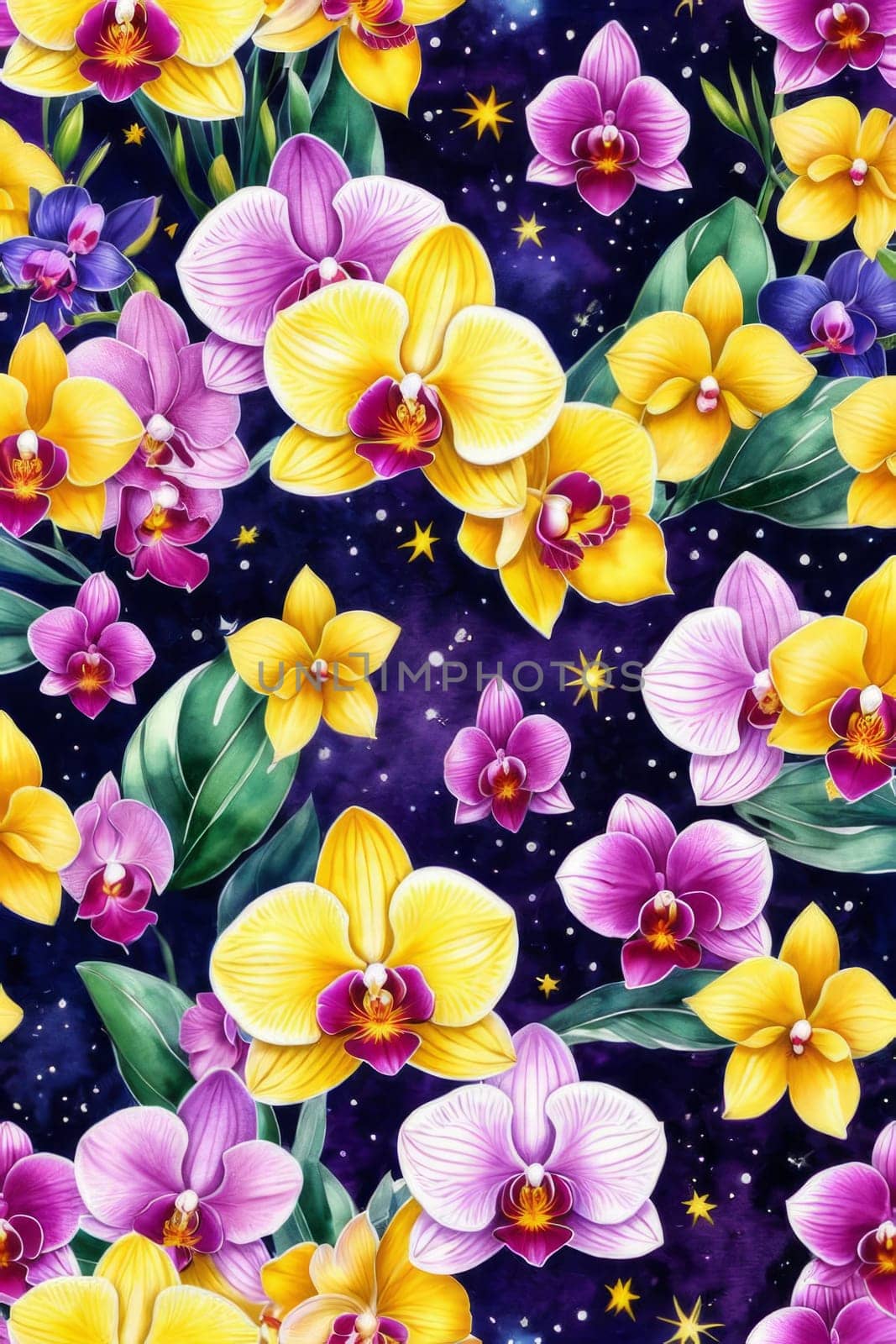 Gorgeous yellow and purple orchids with intricate petals and vibrant green leaves, on dark starry background, offering stunning visual appeal for nature-inspired designs