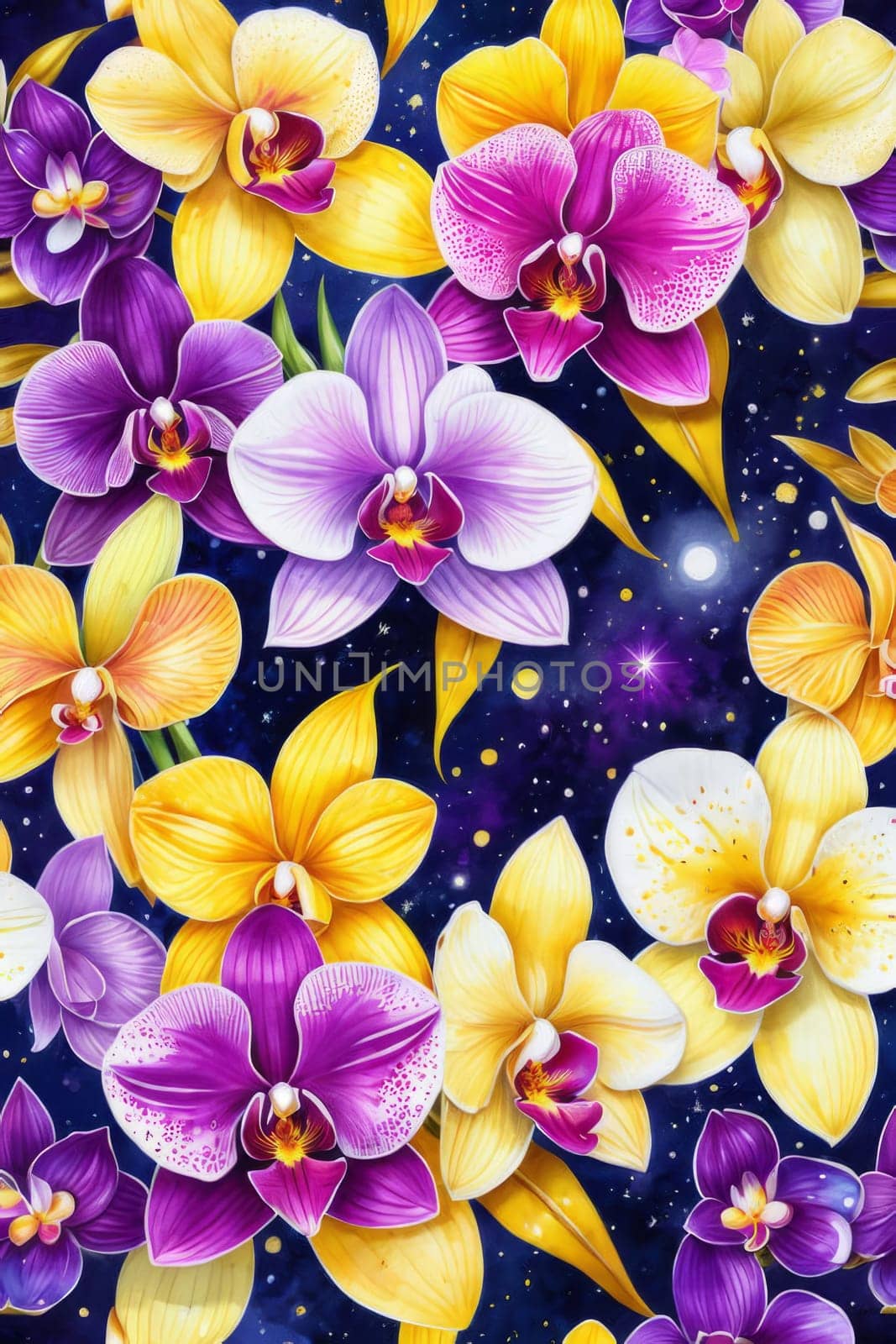 Gorgeous yellow and purple orchids with intricate petals and vibrant green leaves, on dark starry background, offering stunning visual appeal for nature-inspired designs