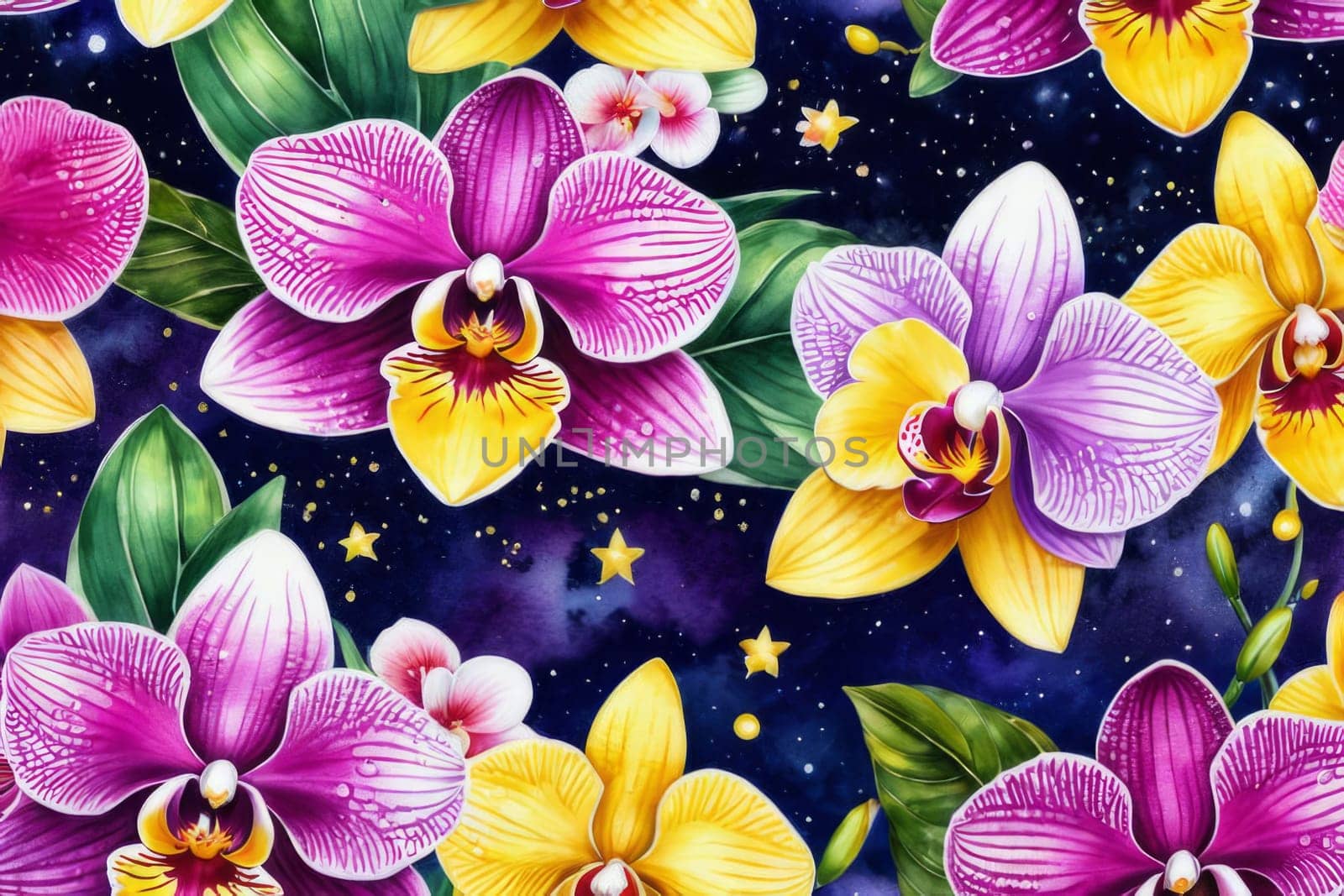 Gorgeous yellow and purple orchids with intricate petals and vibrant green leaves, on dark starry background, offering stunning visual appeal for nature-inspired designs