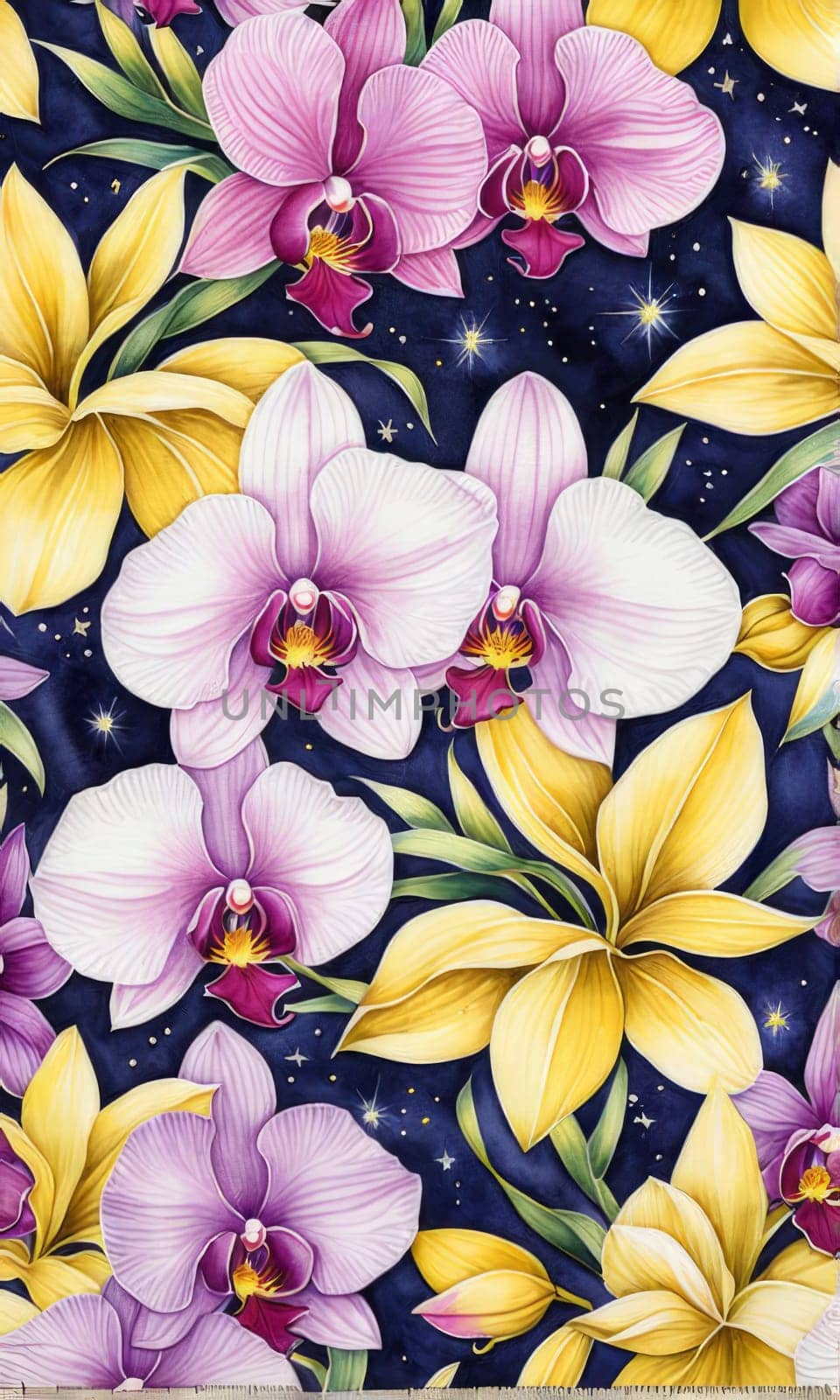 Gorgeous yellow and purple orchids with intricate petals and vibrant green leaves, on dark starry background, offering stunning visual appeal for nature-inspired designs