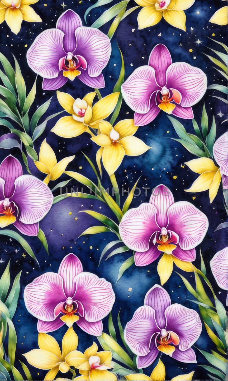 Charming orchids in yellow and purple tones with lush green leaves, positioned against deep starry backdrop, perfect for floral-themed designs and elegant nature-inspired projects