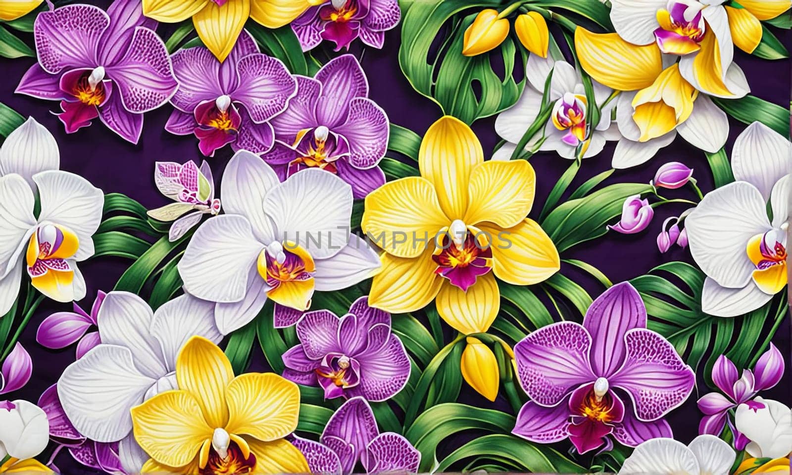 Charming orchids in yellow and purple tones with lush green leaves, positioned against deep starry backdrop, perfect for floral-themed designs and elegant nature-inspired projects