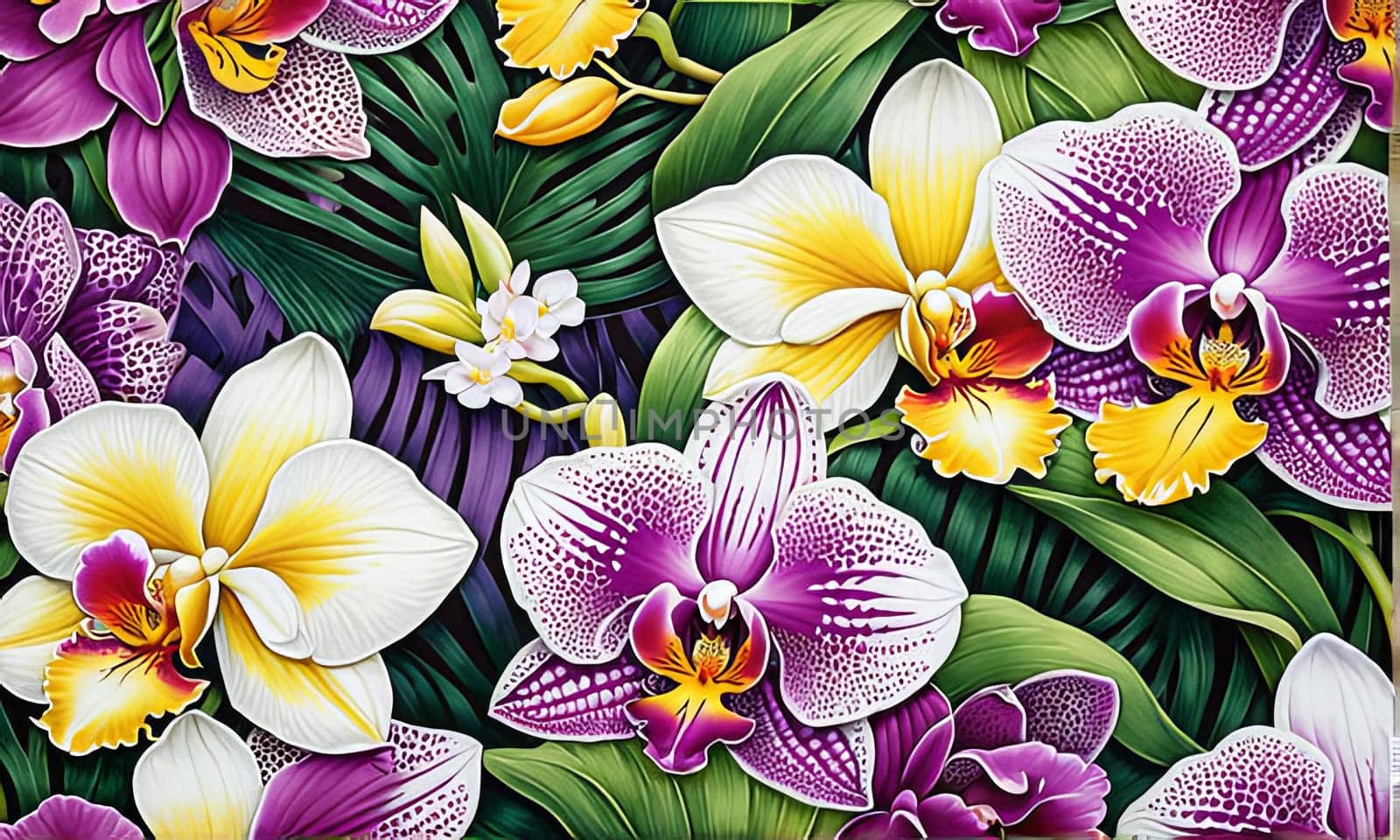 Charming orchids in yellow and purple tones with lush green leaves, positioned against deep starry backdrop, perfect for floral-themed designs and elegant nature-inspired projects