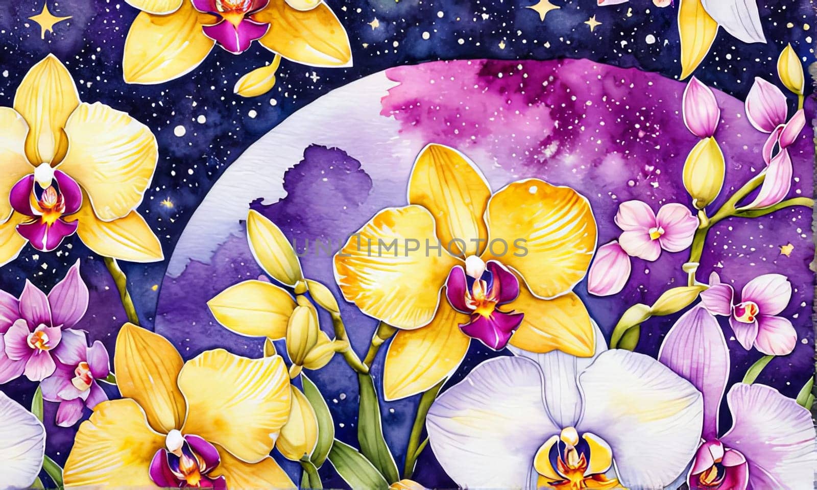 Charming orchids in yellow and purple tones with lush green leaves, positioned against deep starry backdrop, perfect for floral-themed designs and elegant nature-inspired projects
