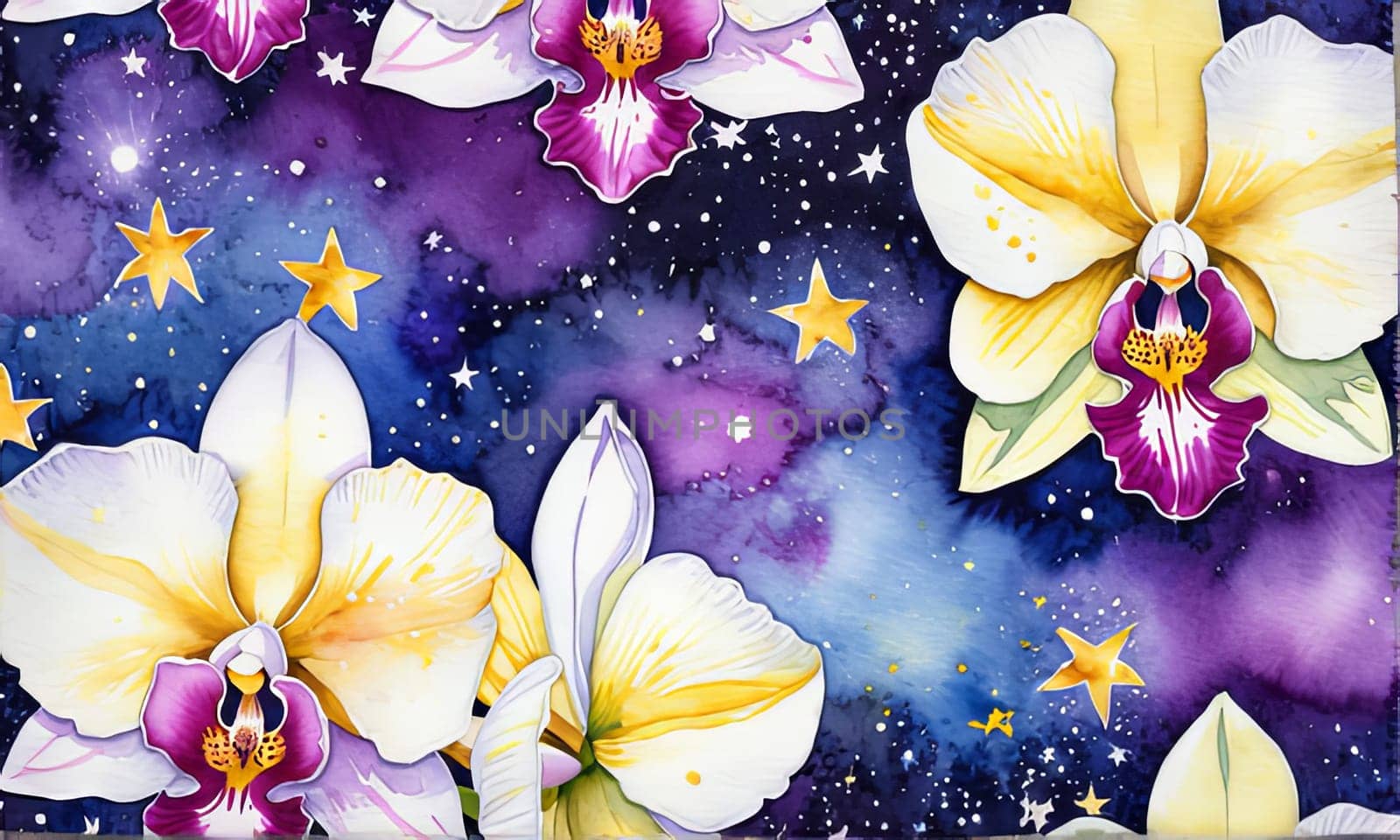 Charming orchids in yellow and purple tones with lush green leaves, positioned against deep starry backdrop, perfect for floral-themed designs and elegant nature-inspired projects
