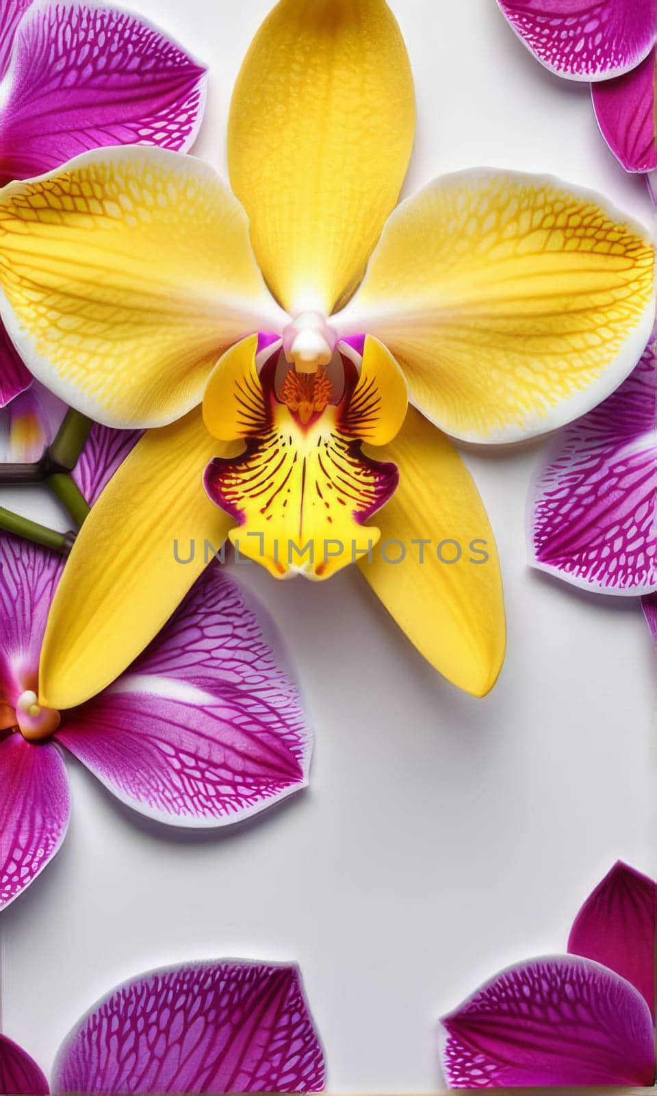 Charming orchids in yellow and purple tones with lush green leaves, positioned against deep starry backdrop, perfect for floral-themed designs and elegant nature-inspired projects
