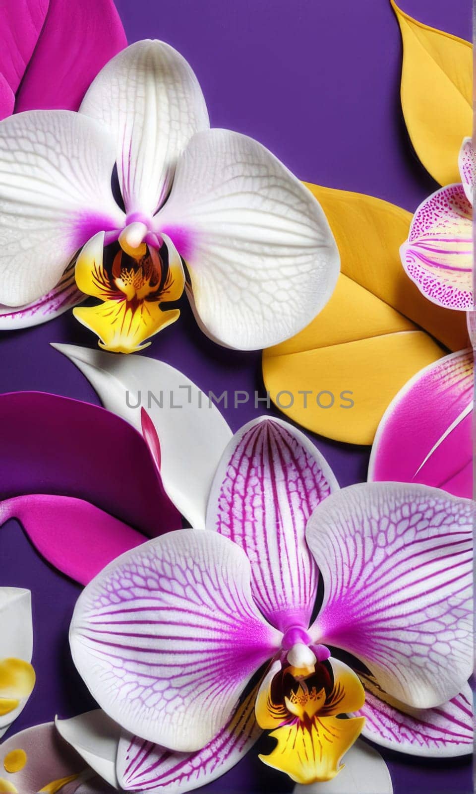 Charming orchids in yellow and purple tones with lush green leaves, positioned against deep starry backdrop, perfect for floral-themed designs and elegant nature-inspired projects