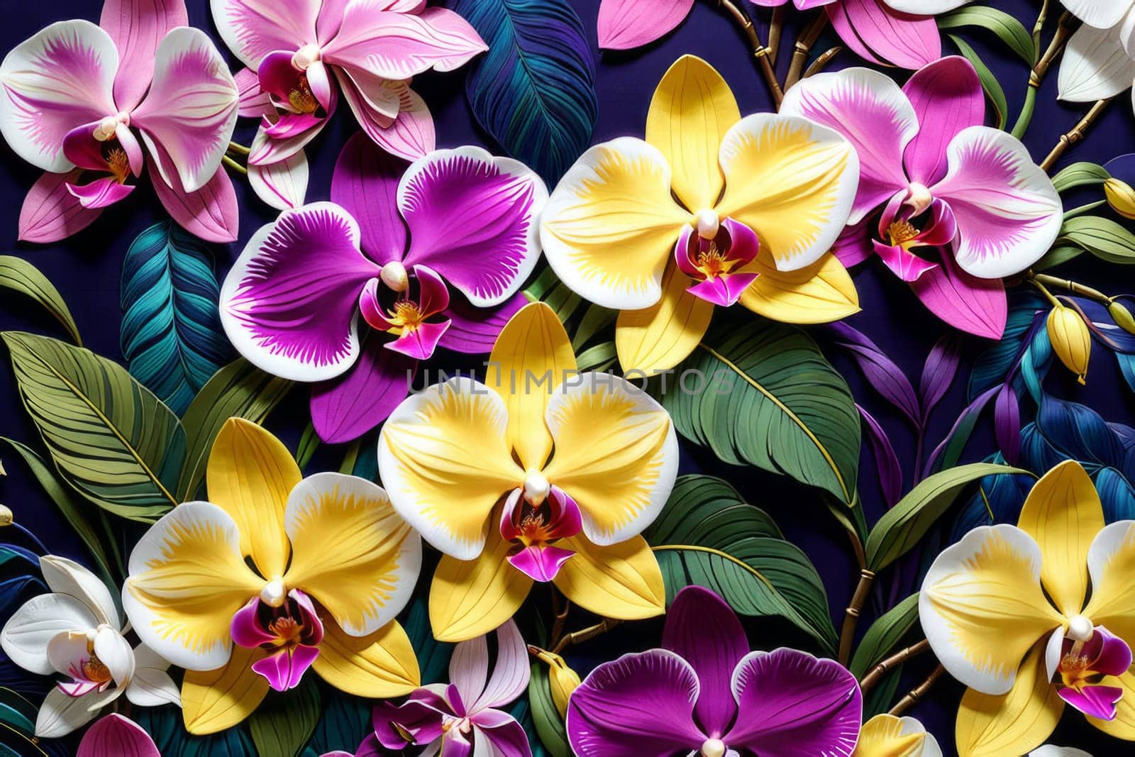 Charming orchids in yellow and purple tones with lush green leaves, positioned against deep starry backdrop, perfect for floral-themed designs and elegant nature-inspired projects