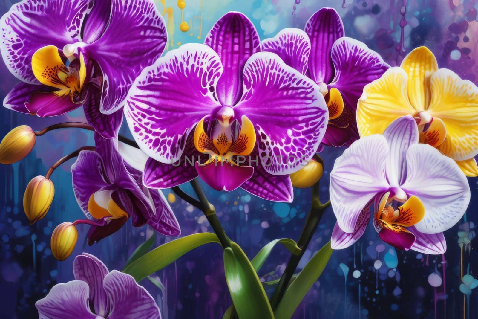 Charming orchids in yellow and purple tones with lush green leaves, positioned against deep starry backdrop, perfect for floral-themed designs and elegant nature-inspired projects