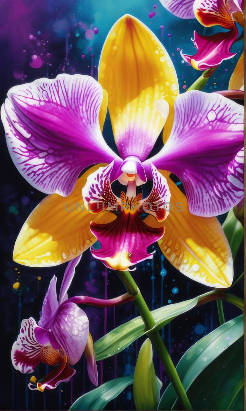 Charming orchids in yellow and purple tones with lush green leaves, positioned against deep starry backdrop, perfect for floral-themed designs and elegant nature-inspired projects