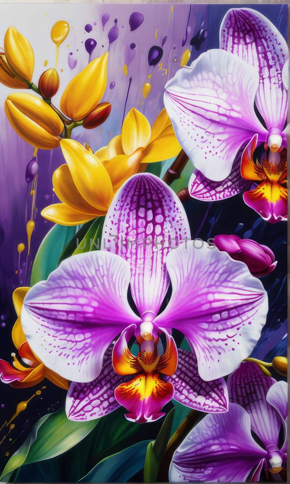 Charming orchids in yellow and purple tones with lush green leaves, positioned against deep starry backdrop, perfect for floral-themed designs and elegant nature-inspired projects