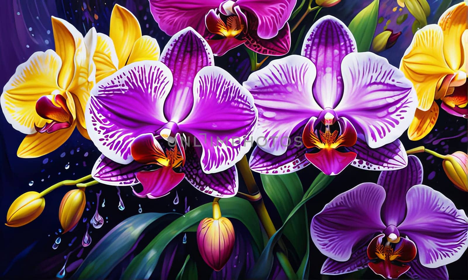 Charming orchids in yellow and purple tones with lush green leaves, positioned against deep starry backdrop, perfect for floral-themed designs and elegant nature-inspired projects